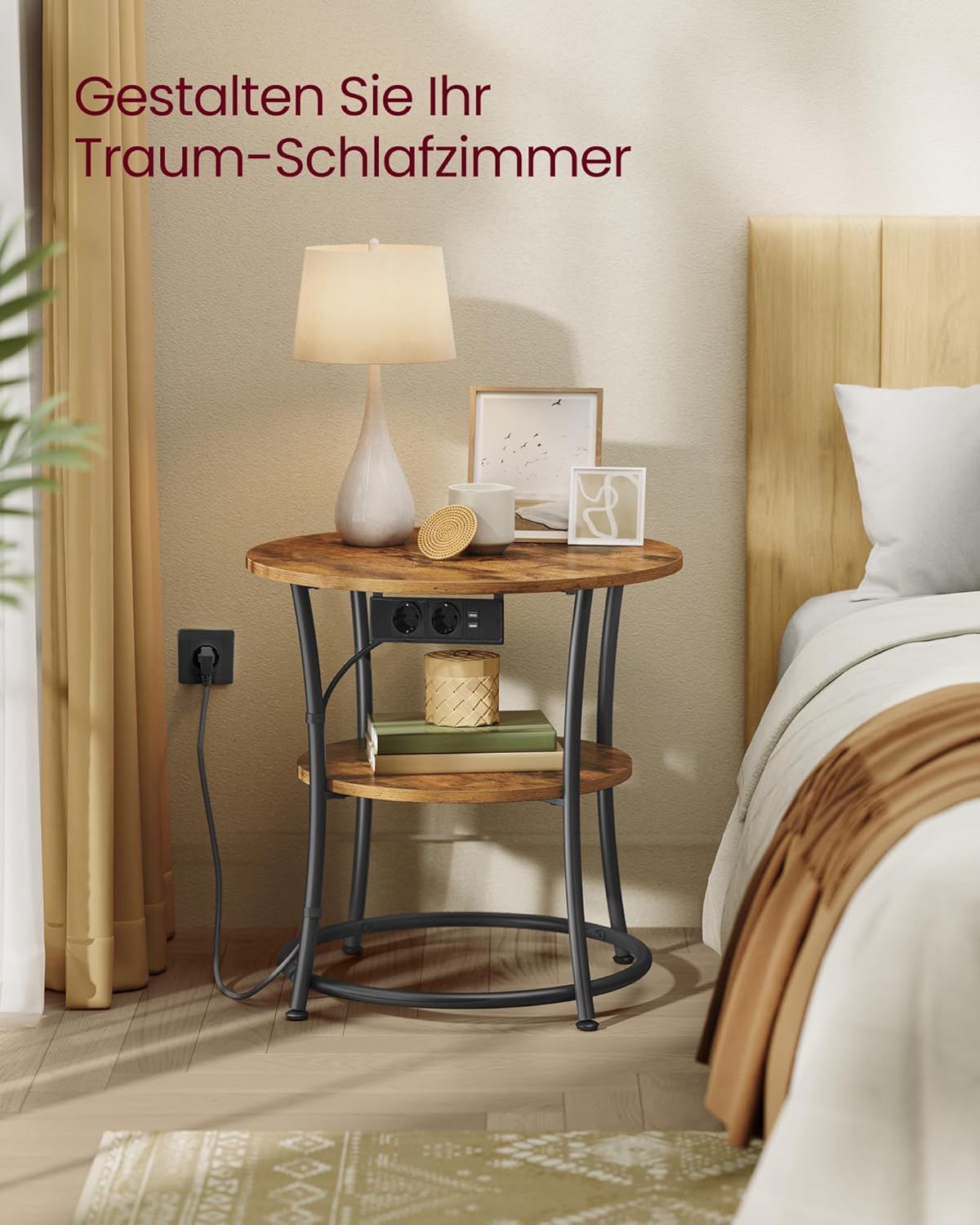 Runder Beistelltisch mit Steckdosenleiste, Vintagebraun + Tintenschwarz Mit Steckdosenleiste