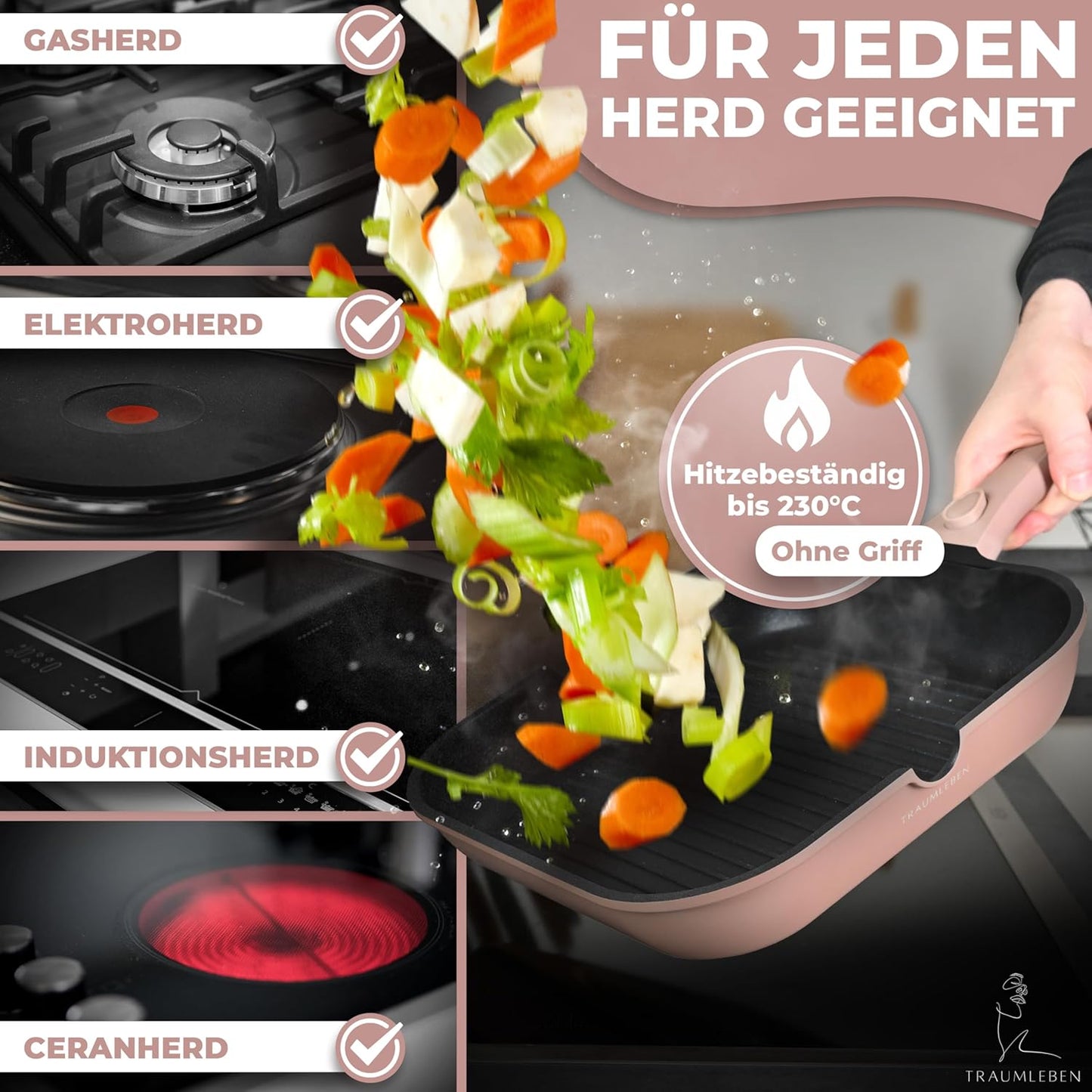 Grillpfanne mit abnehmbarem Griff, Rosa