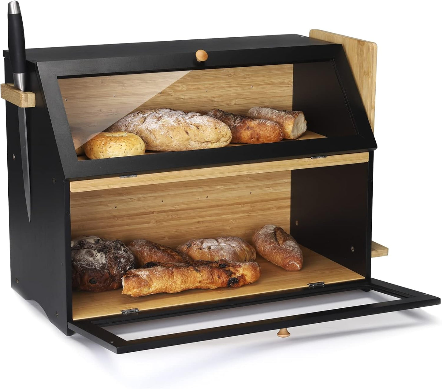 2-stöckiger Brotkasten mit Schneidebrett, Black(50x25x37cm/19.7"x9.8"x14.5")