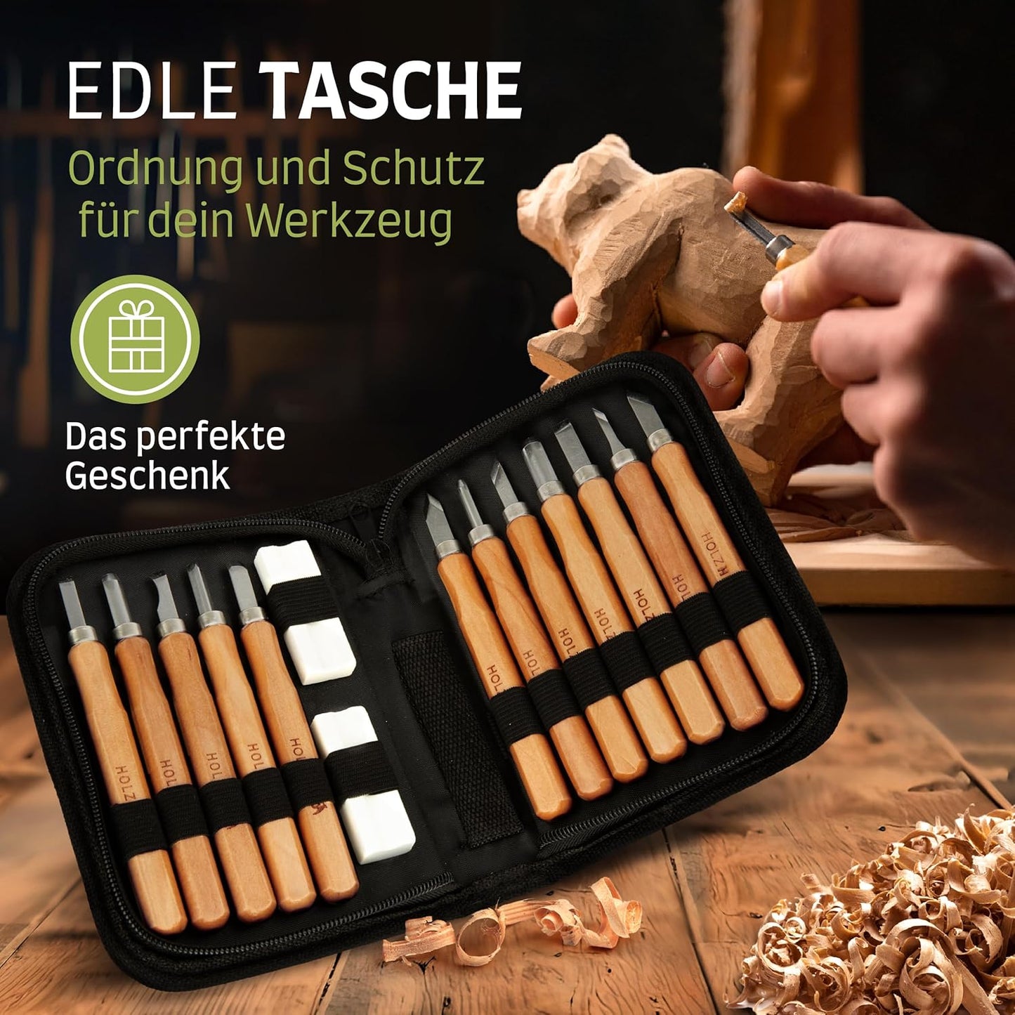 Schnitz-Set, Stofftasche (schwarz) + Holzrohling