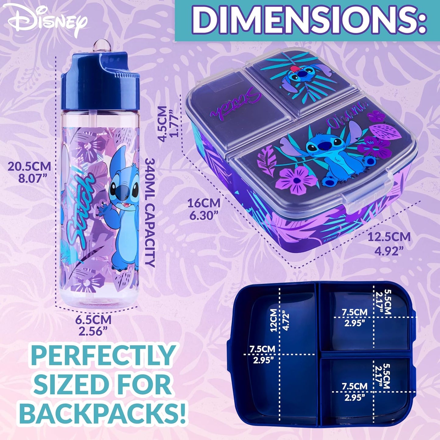 Stitch Kinder Lunchbox mit Fächern und Wasserflasche, Blau/Lila