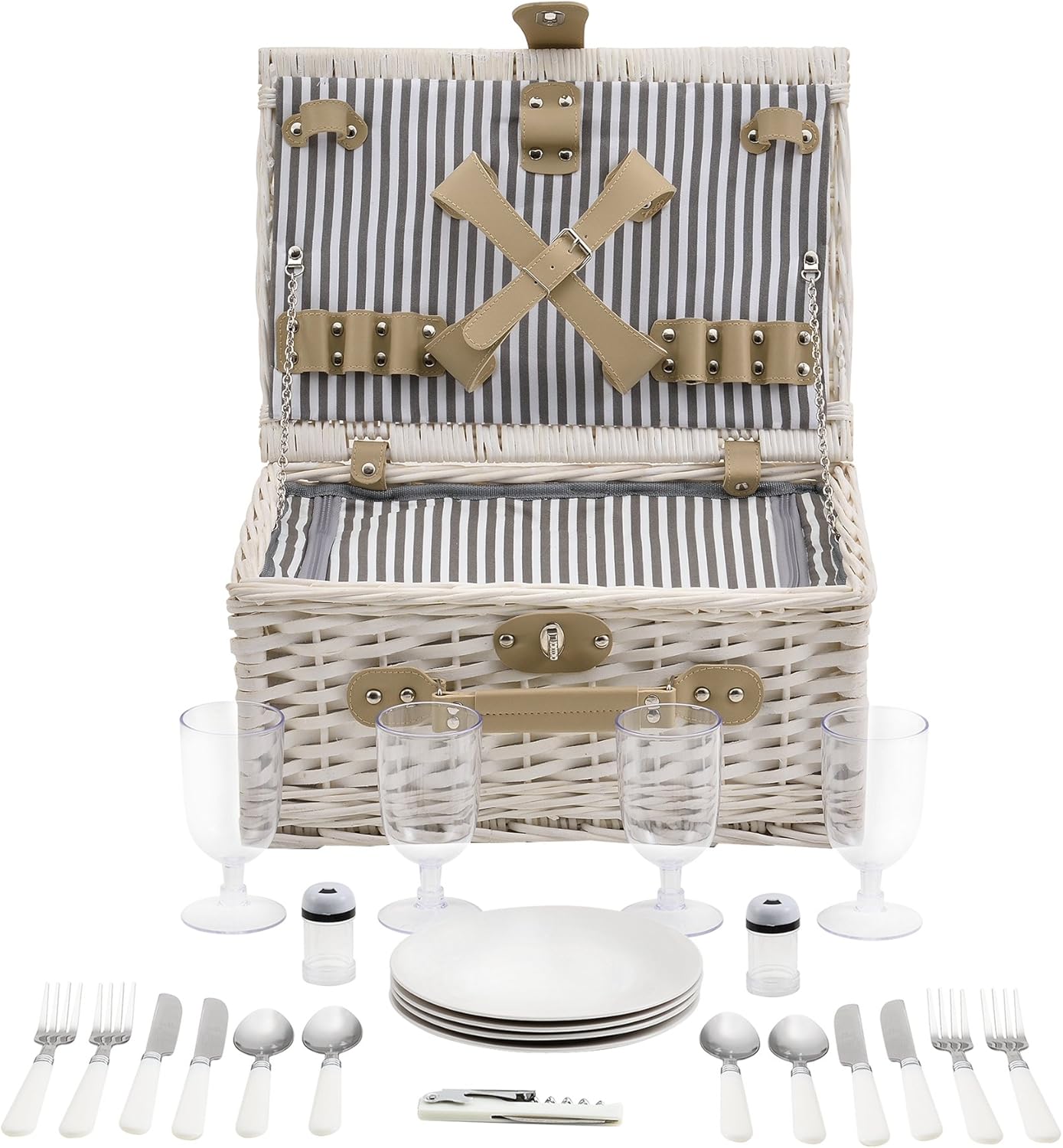 Picknickkorb-Set für 4 Personen mit Kühltasche, Weiss|40 x 28 x 19 cm