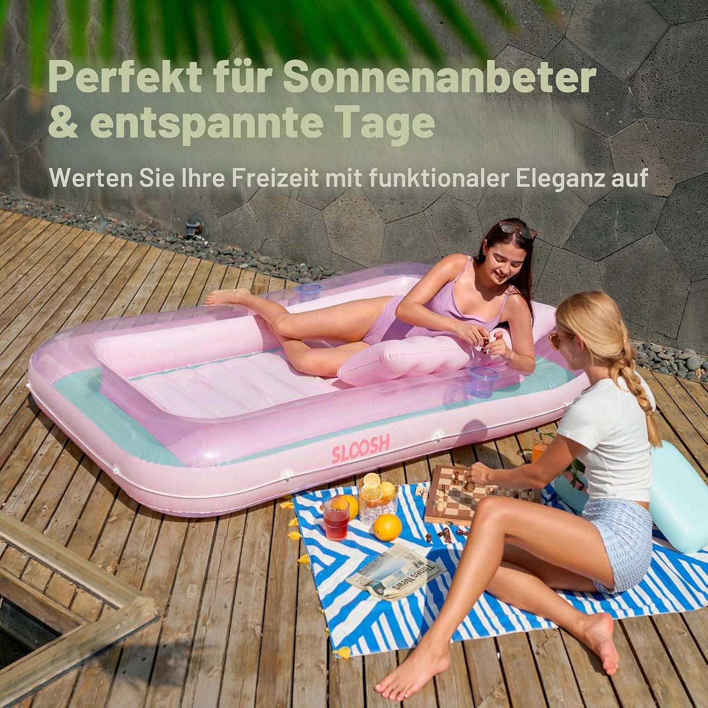 Aufblasbarer Sonnenpool mit abnehmbarem Kissen und Getränkehalter, Cyan-Pink L