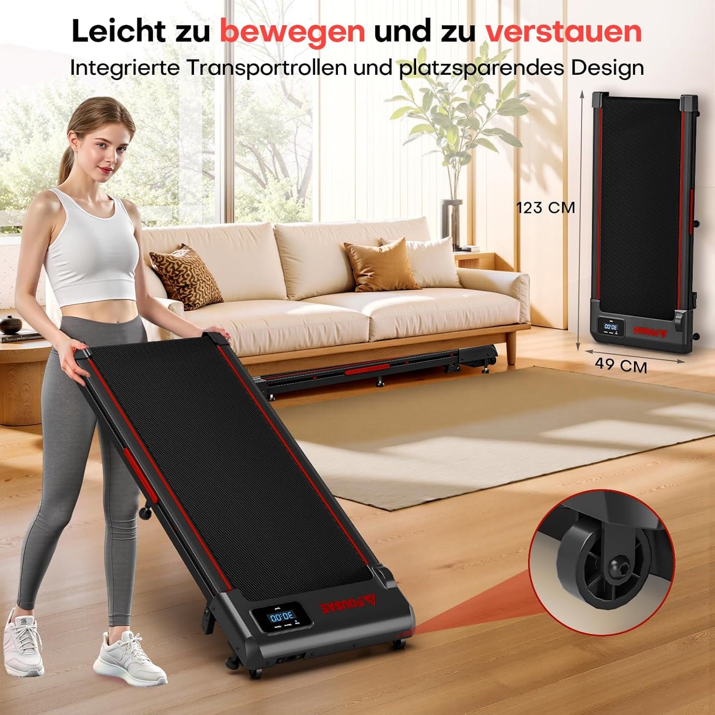 Walking Pad mit Steigung und 12 Programmen, Schwarz Rot