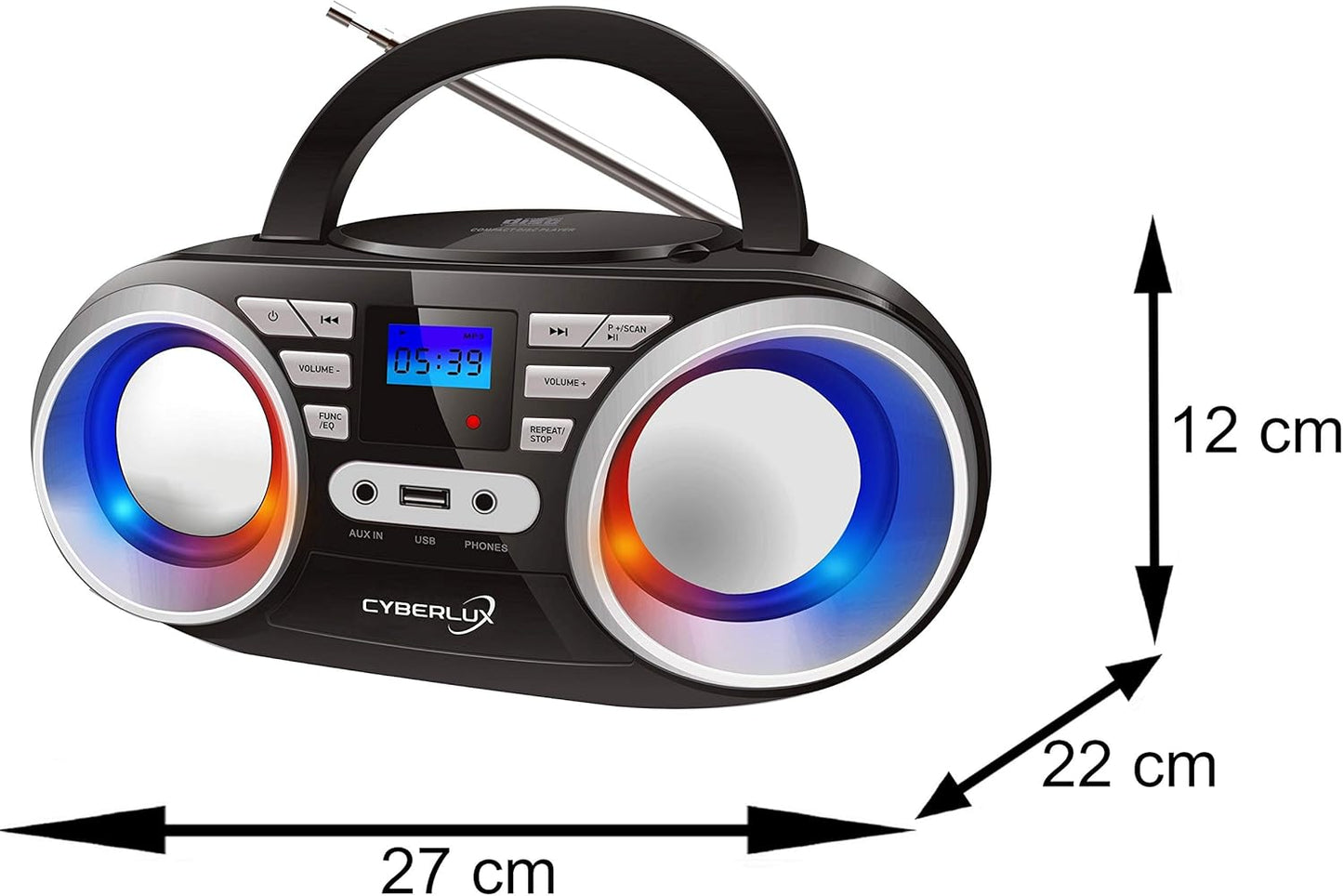 Tragbarer CD-Player mit LED-Disco-Lichtern, Schwarz / Sunny, Silver