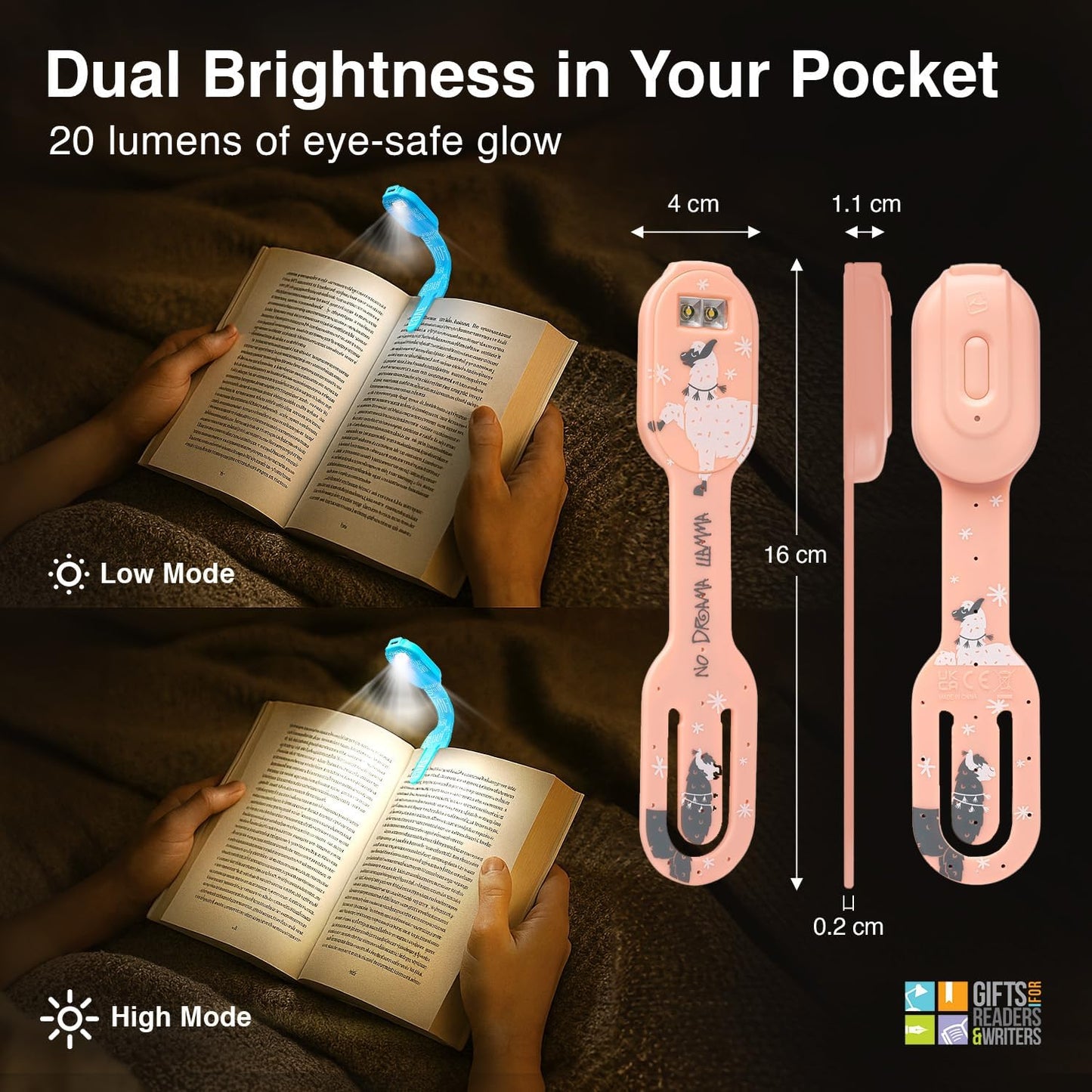 Flexilight 2-in-1 Clip On Leselampe & Lesezeichen, wiederaufladbar, Lama