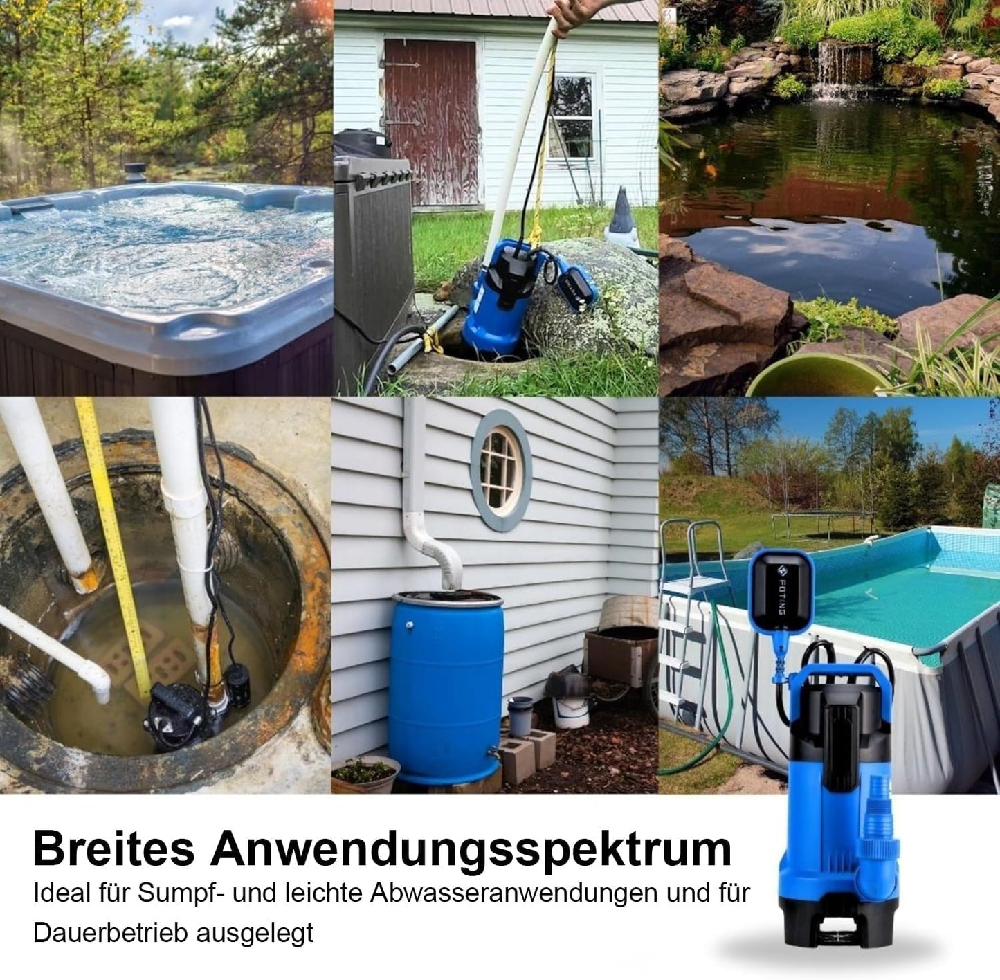 Schmutzwassertauchpumpe mit Schwimmerschalter, Blau + Schwarz