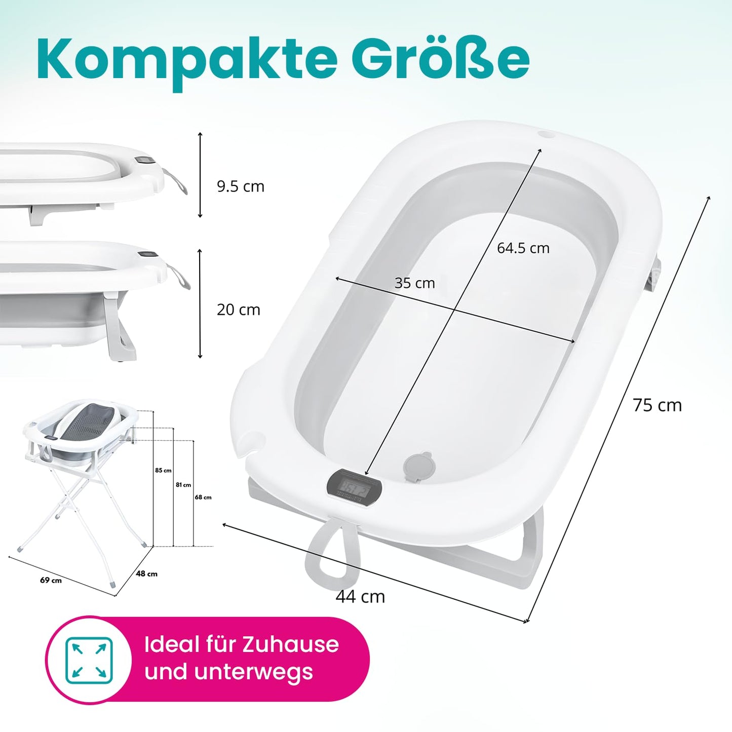 Faltbare Babybadewanne mit Badesitz und Thermometer, Milo Grau (Badesitz, Thermometer) Faltbare Babybadewanne mit Gestell
