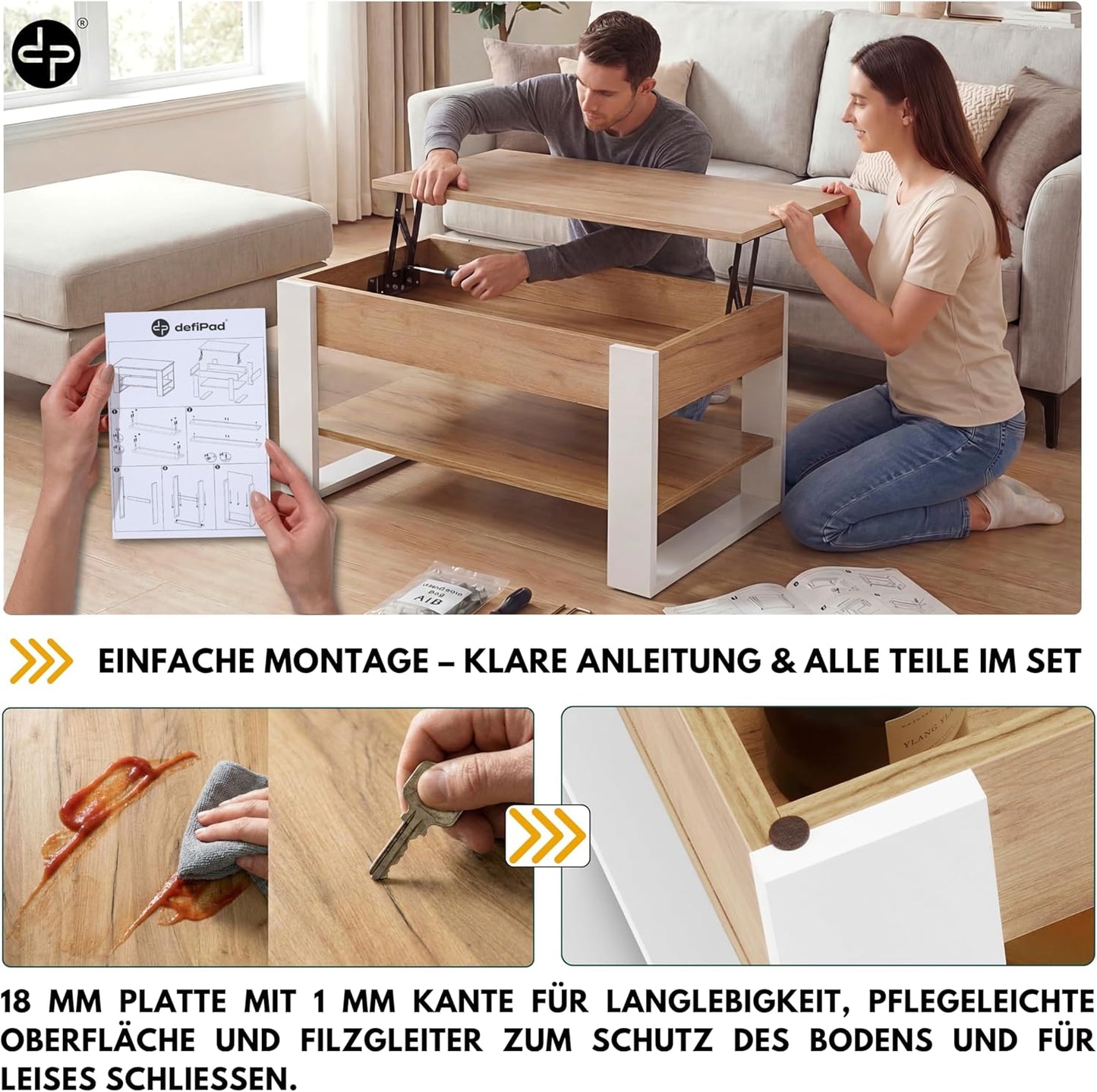 Höhenverstellbarer Couchtisch mit Stauraum, Weiss + Eiche