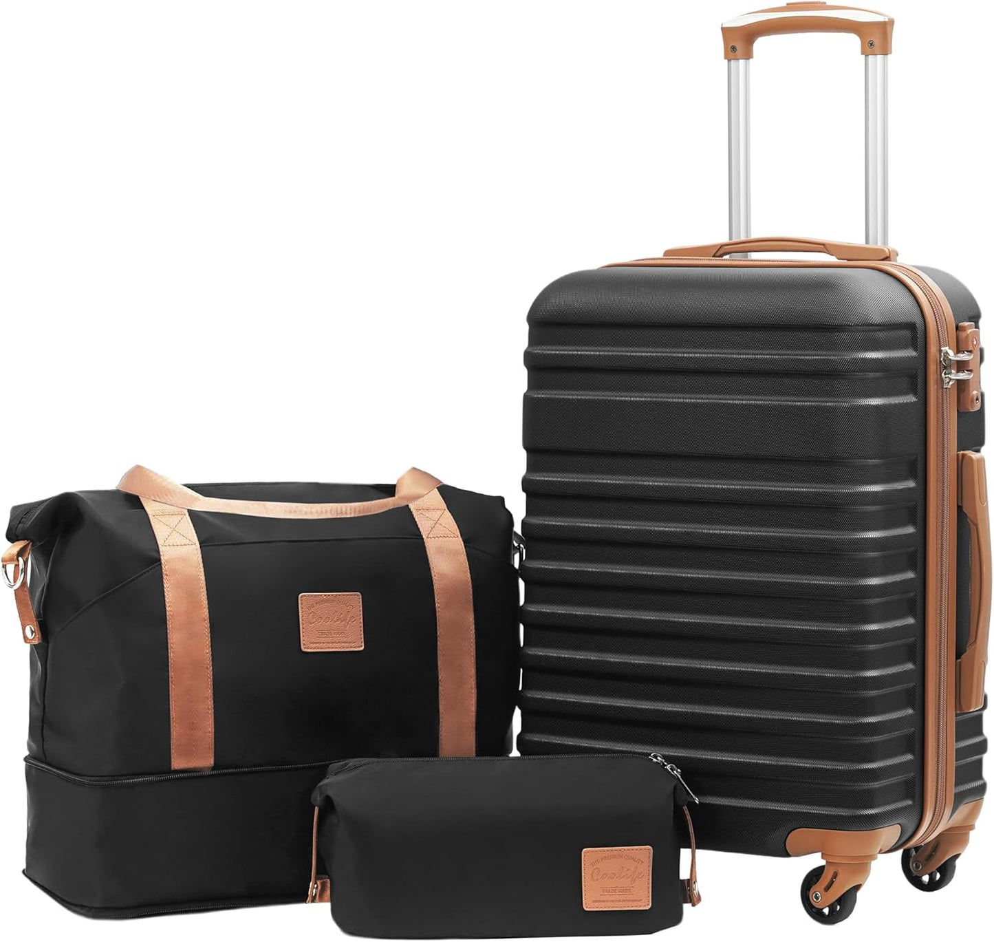 3-teiliges Handgepäck-Set Hartschalenkoffer, Reisetasche und Kulturbeutel, Schwarz/Braun Handgepäck-Set 3tlg