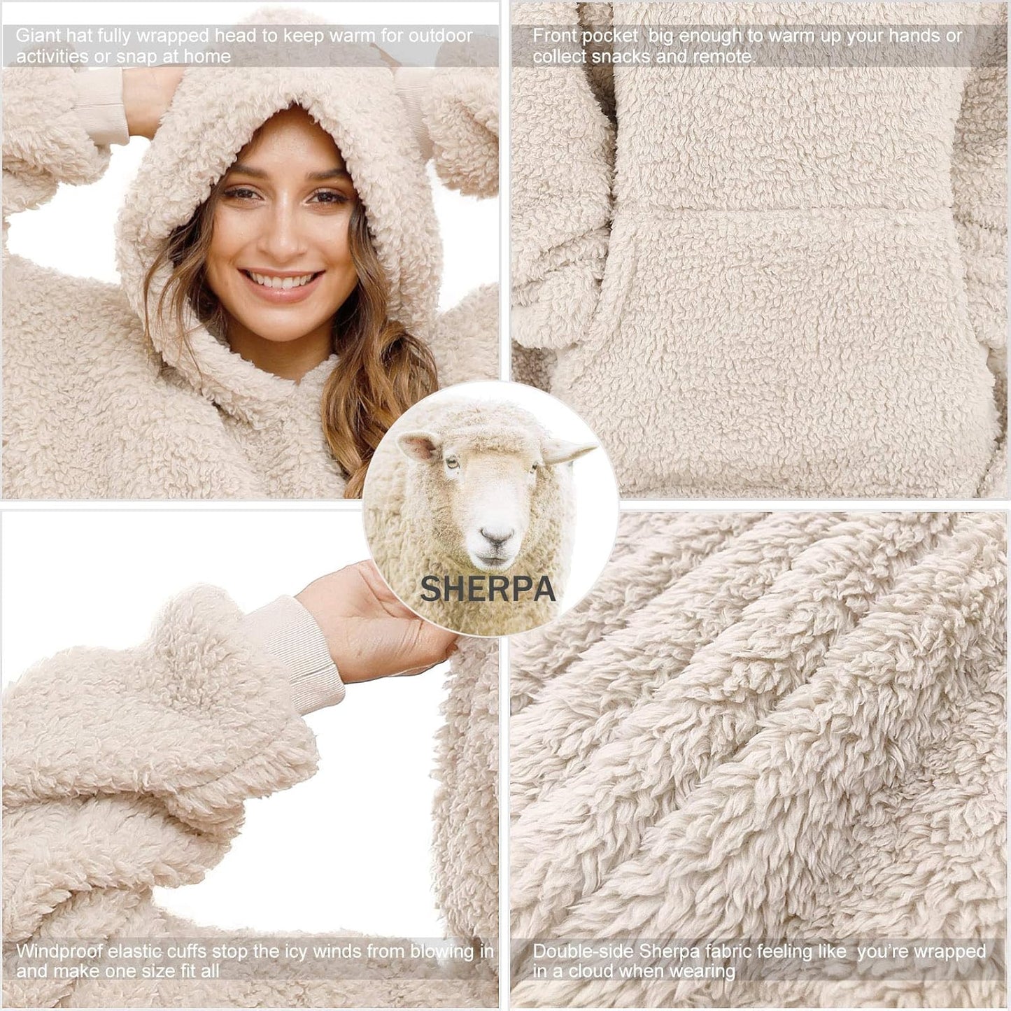 Sherpa-Decke mit Kapuze (Einheitsgrösse), Einheitsgröße Beige