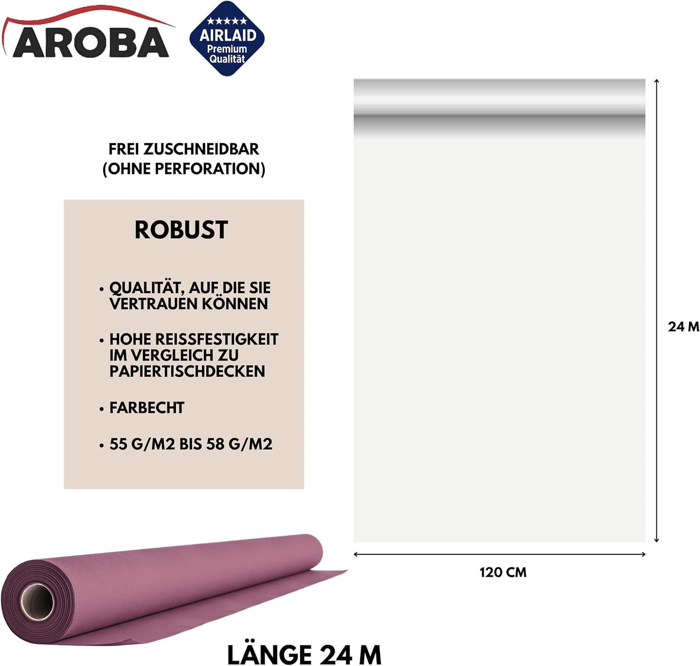 Airlaid Tischdeckenrolle, 2400 x 120 cm (Rechteckig) Violett