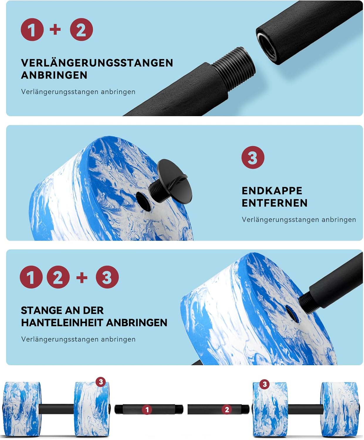3-in-1 Wasserhanteln mit Verbindungsstange für Aquafitness und Reha, Blau