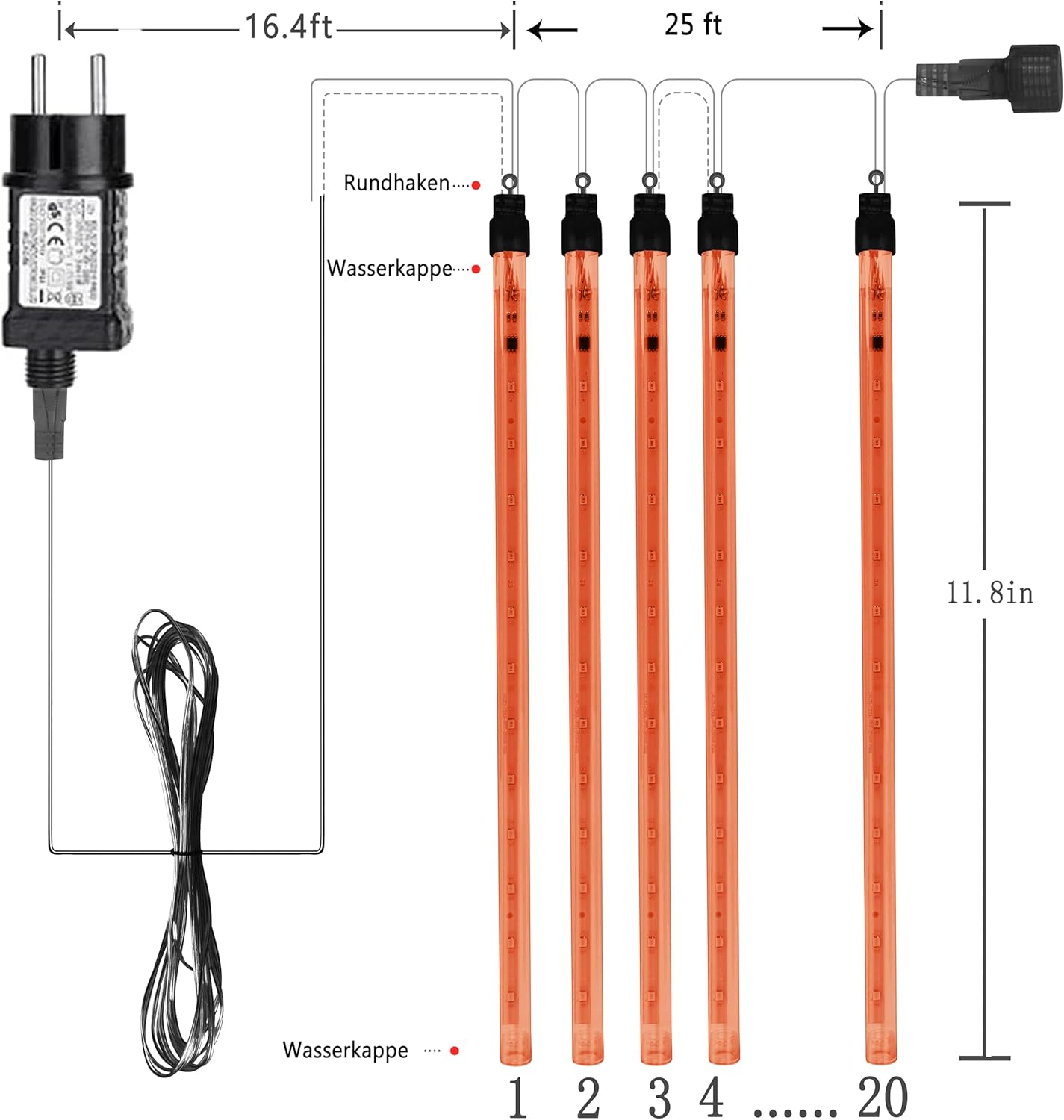 LED Meteorschauer Lichterkette, 20 Röhren, erweiterbar, Orange
