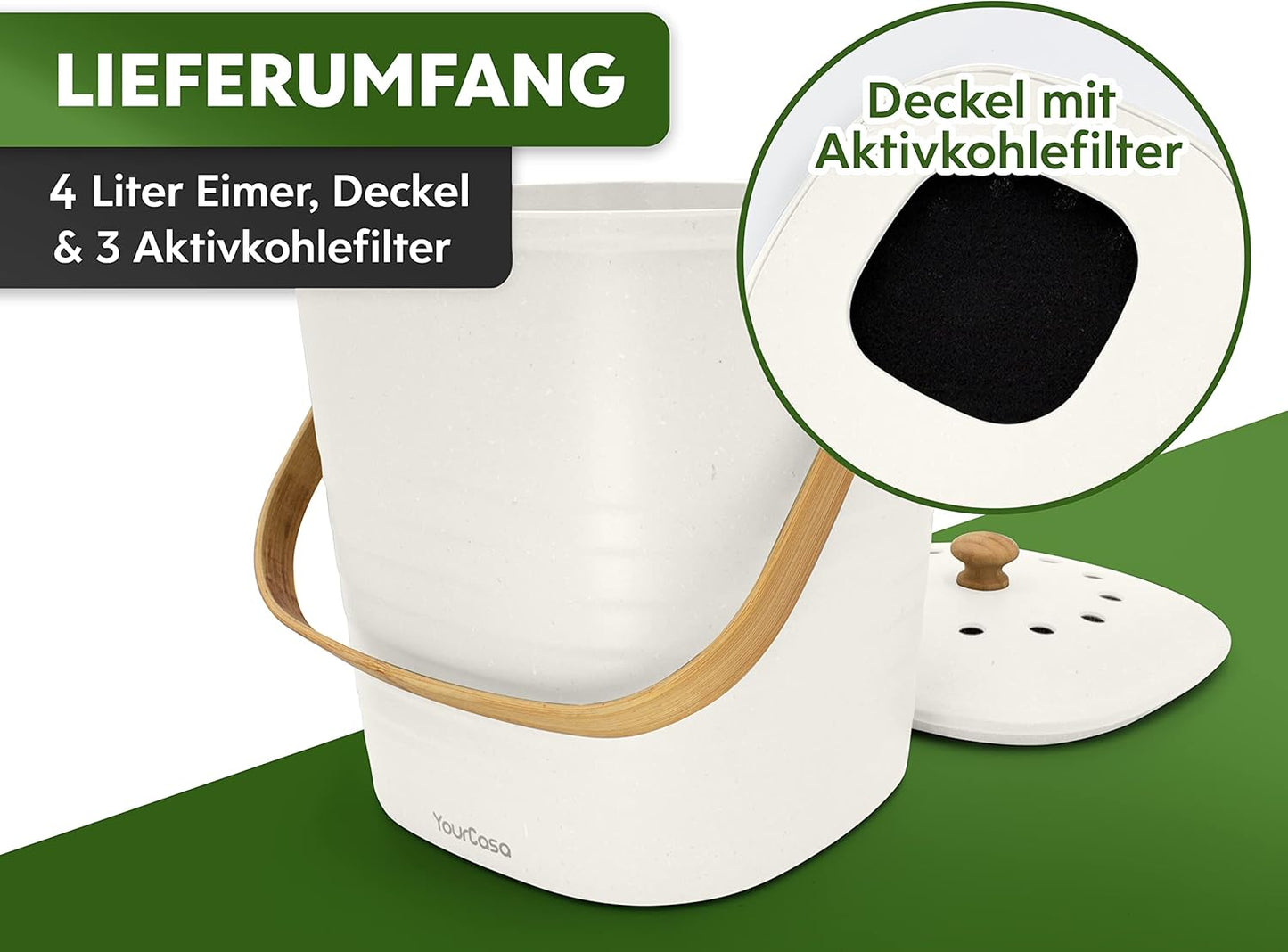 Komposteimer mit Aktivkohlefilter, 4L Weiss