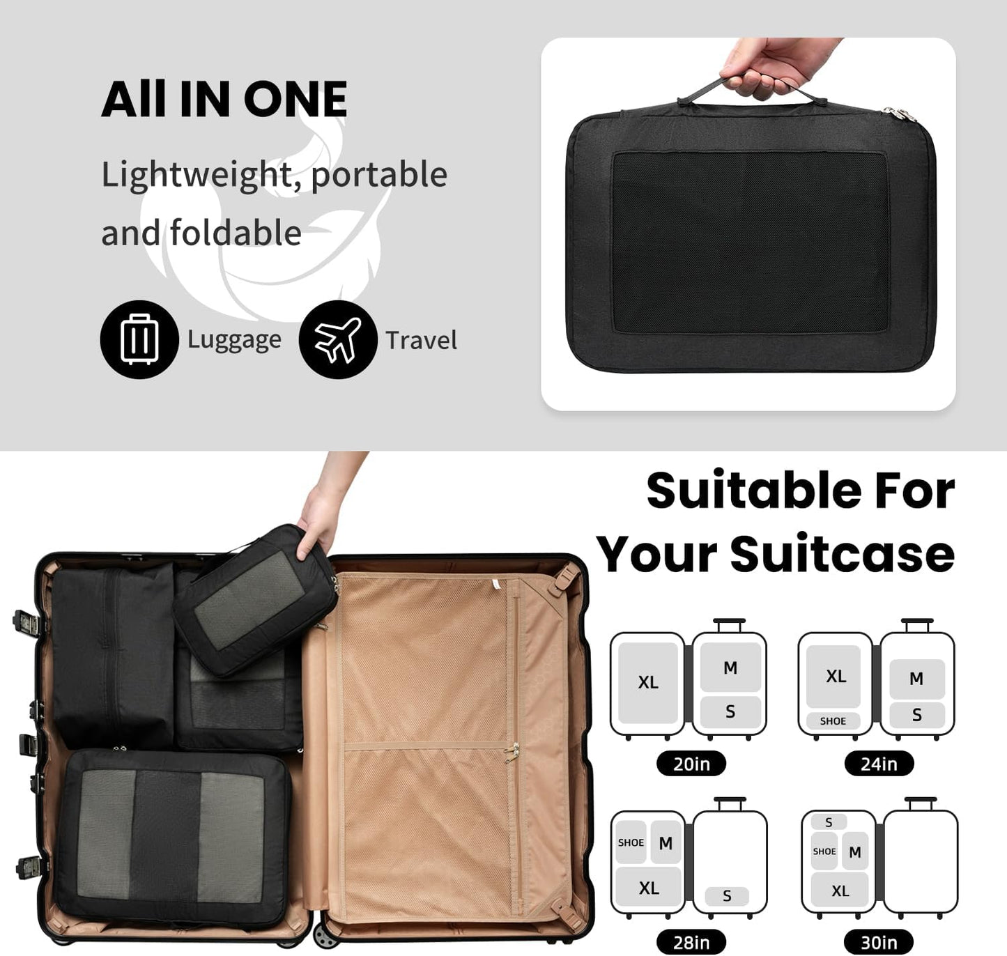 Kompakte Reise-Organizer Packwürfel (4er Set), Schwarz 4 Set