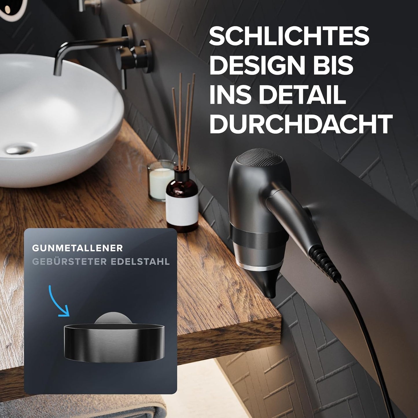 Haartrocknerhalter zur Wandmontage mit Fönpolsterung, Gunmetal Zum Bohren