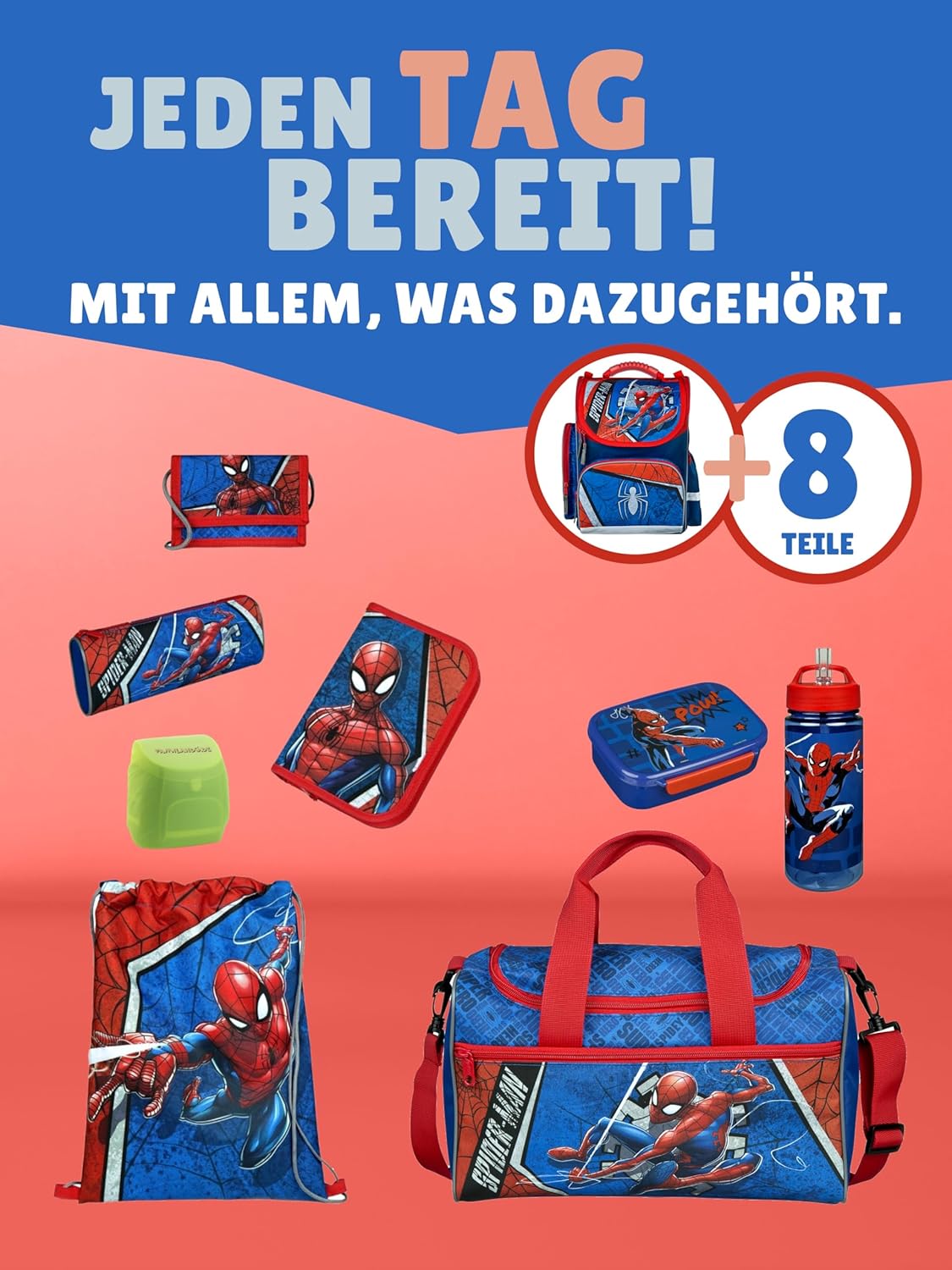 9-teiliges Spiderman Schulranzen-Set, 9-teiliges Set mit Sporttasche