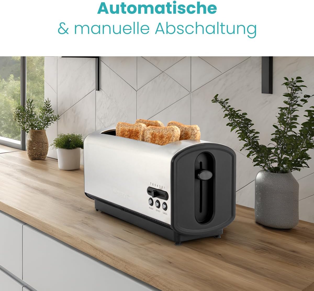 Langschlitztoaster mit Brötchenaufsatz, Silber