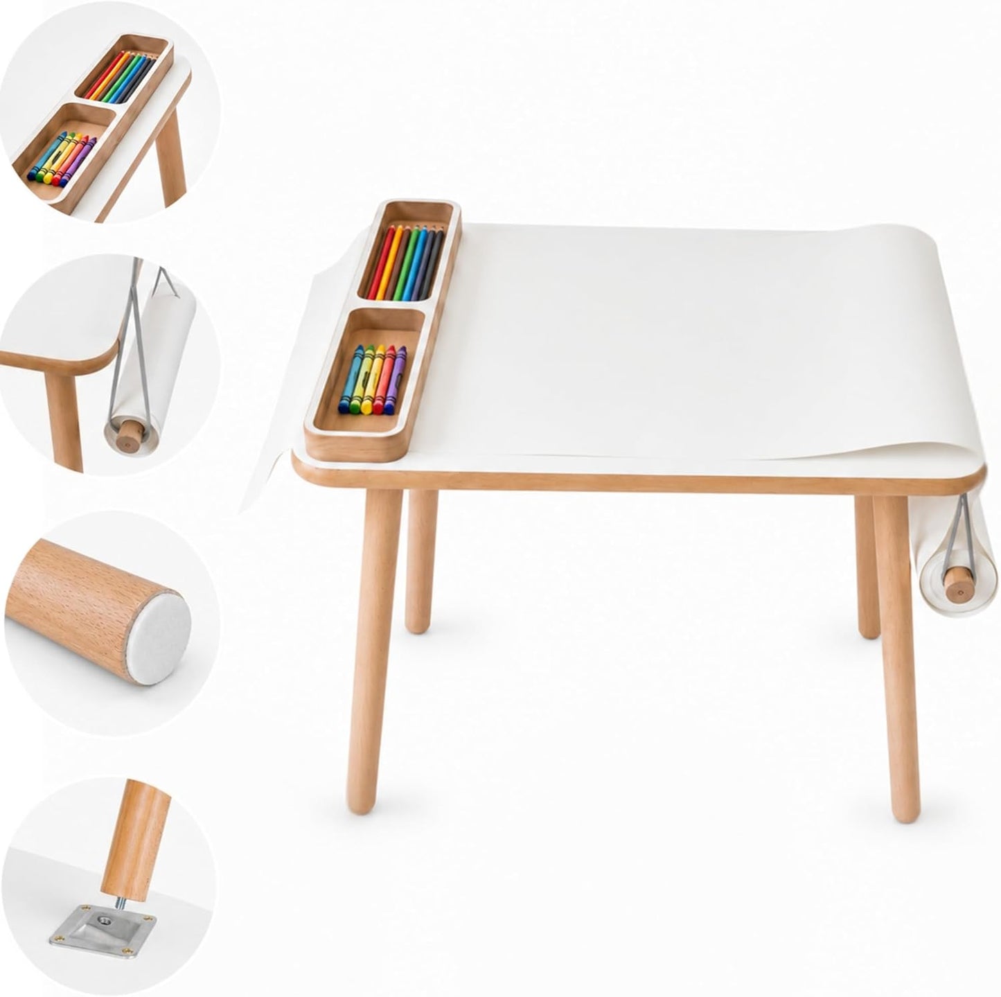 Kindertisch mit Papierrolle & Organizer, Weiss Holz 50 x 60 x 47 cm