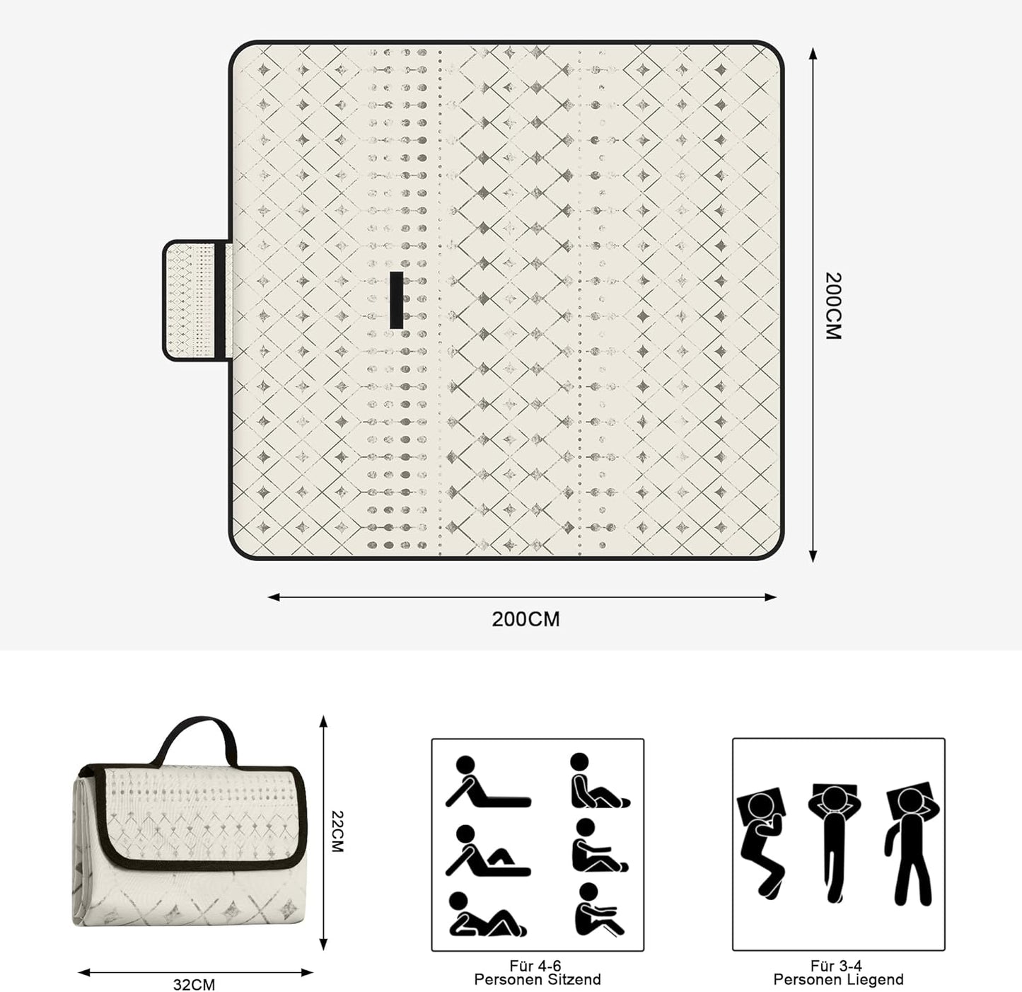 Wasserdichte Picknickdecke, Beige 200 x 200 cm