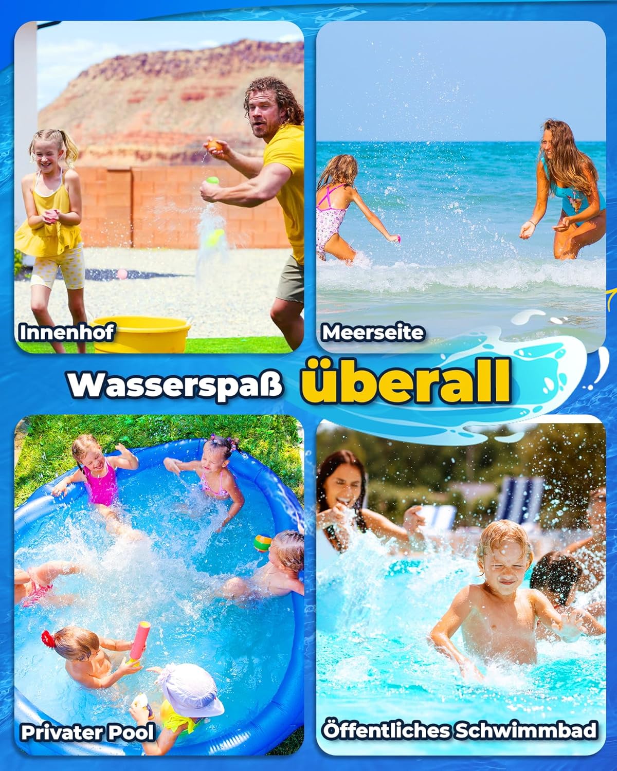 8x wiederverwendbare Wasserbomben, Blau, Grün, Rosa, Gelb, Mehrfarbig