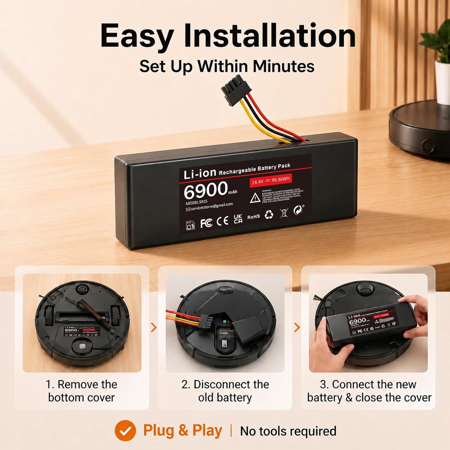 Ersatzakku für Xiaomi Staubsauger-Roboter (6900mAh), Schwarz