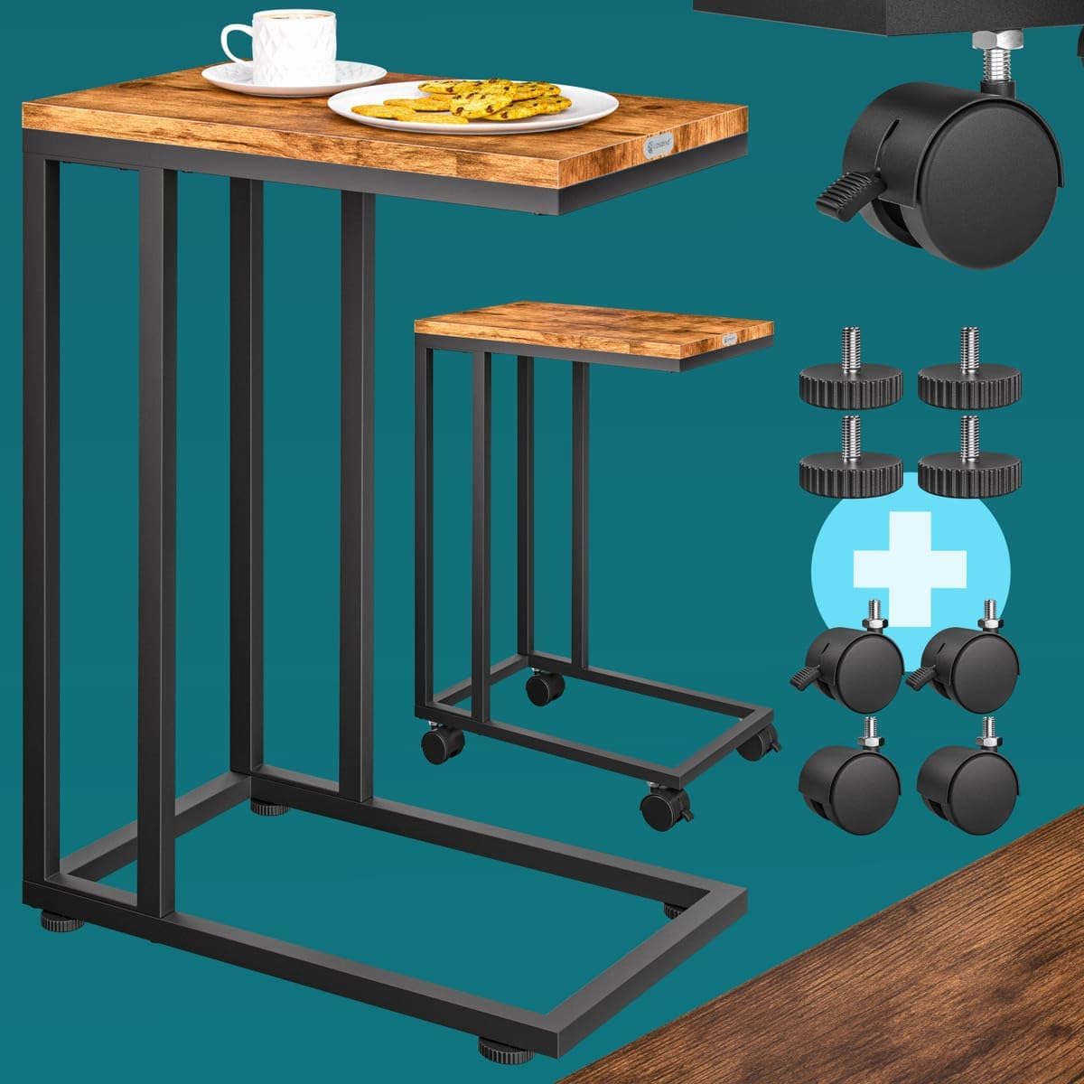 Beistelltisch-Set mit Rollen, 2x Schwarz/Braun