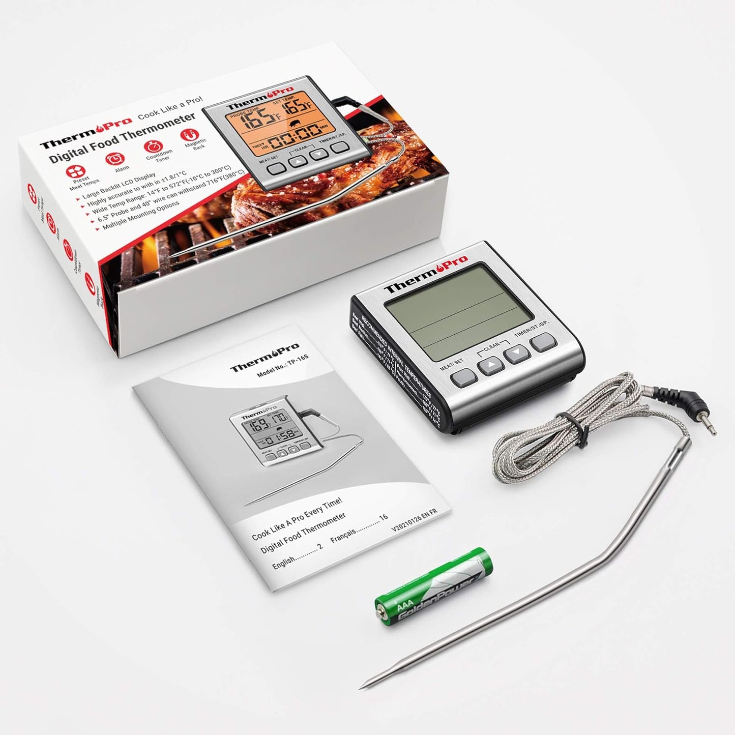 Digitales Grill- und Bratenthermometer mit Timer, Edelstahl mit Hintergrundbeleuchtung