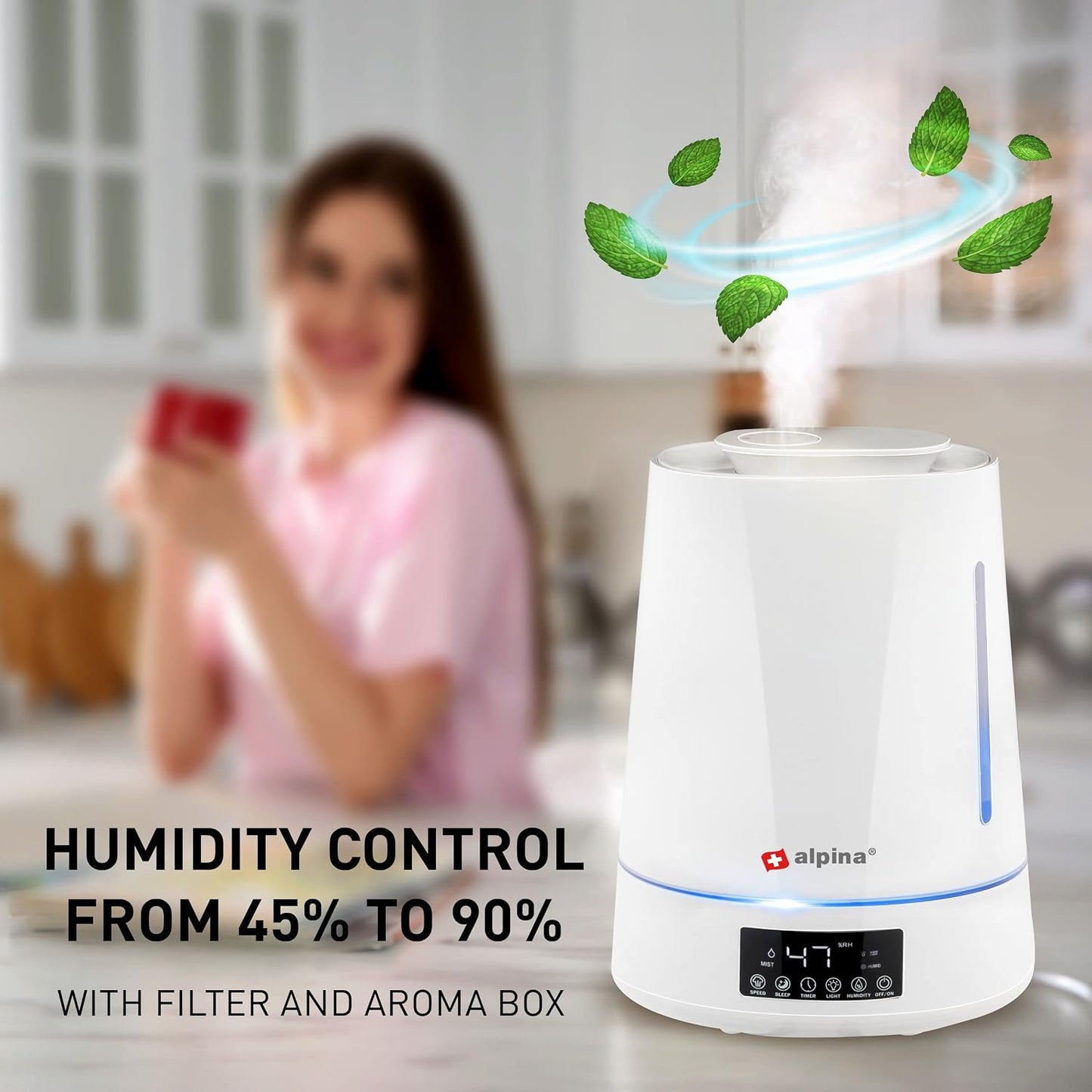 Jung Alpina Luftbefeuchter mit Aroma Diffuser und Fernbedienung, Weiss