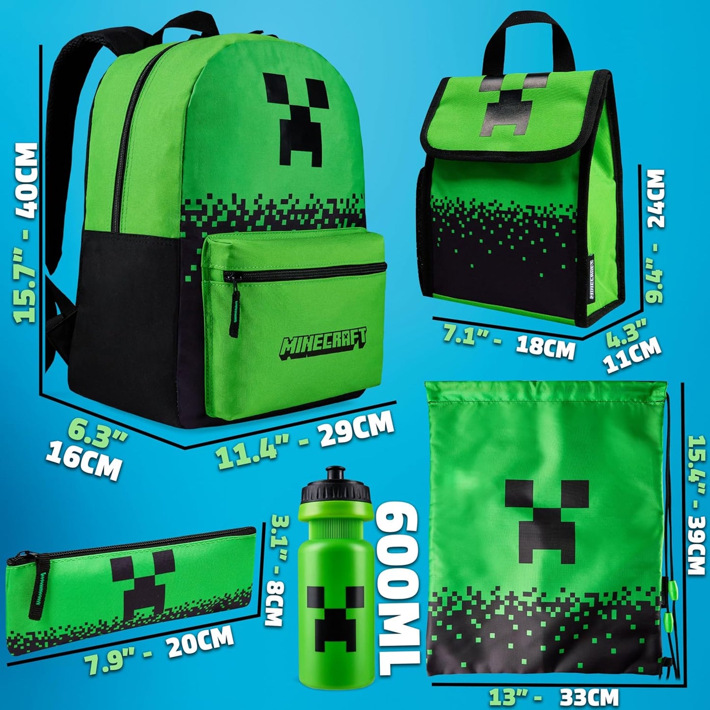 Minecraft Schulrucksack-Set, Grün Rucksack-Set 5-teilig