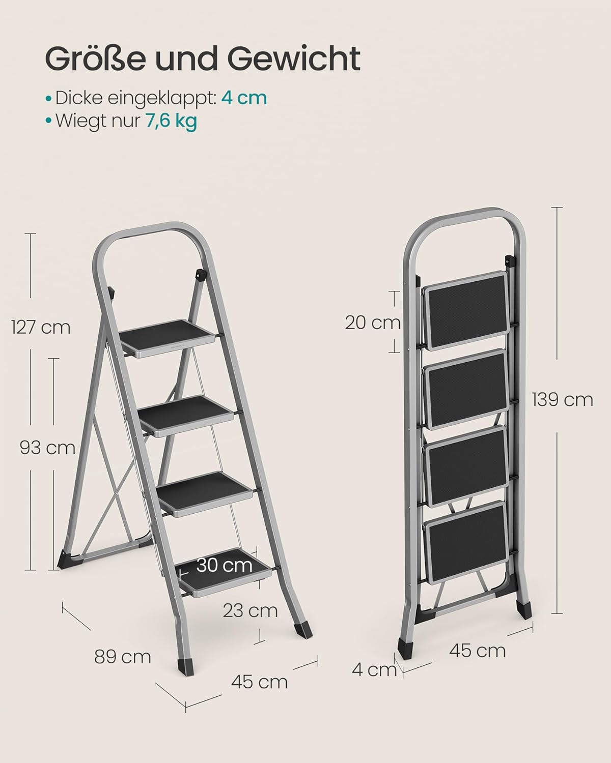 Klappbare Trittleiter mit 4 Stufen, Taubengrau 4 Stufen (89T x 45B x 127H cm)