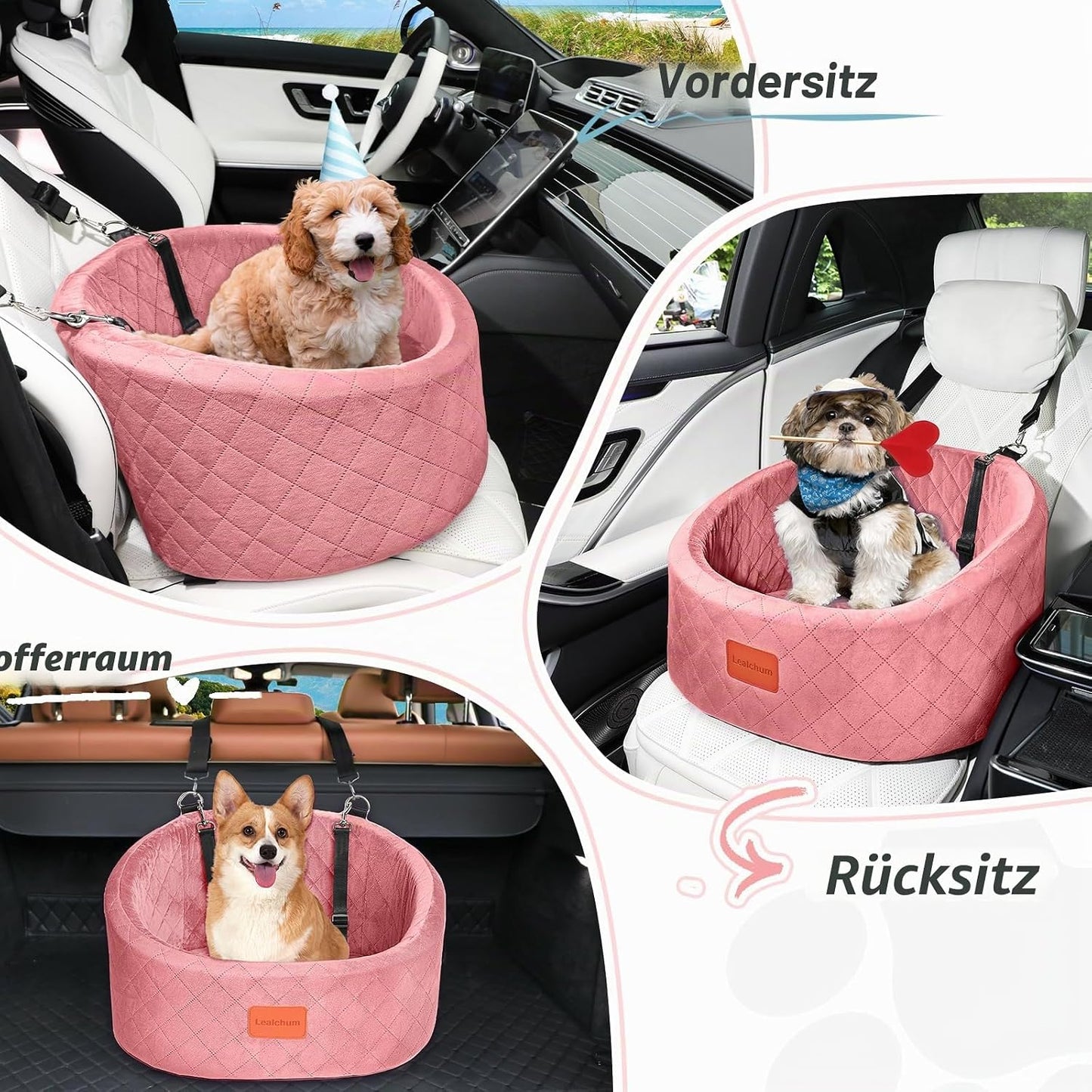 Hunde-Autositz mit Sicherheitsleine und rutschfester Unterseite, Pink Small