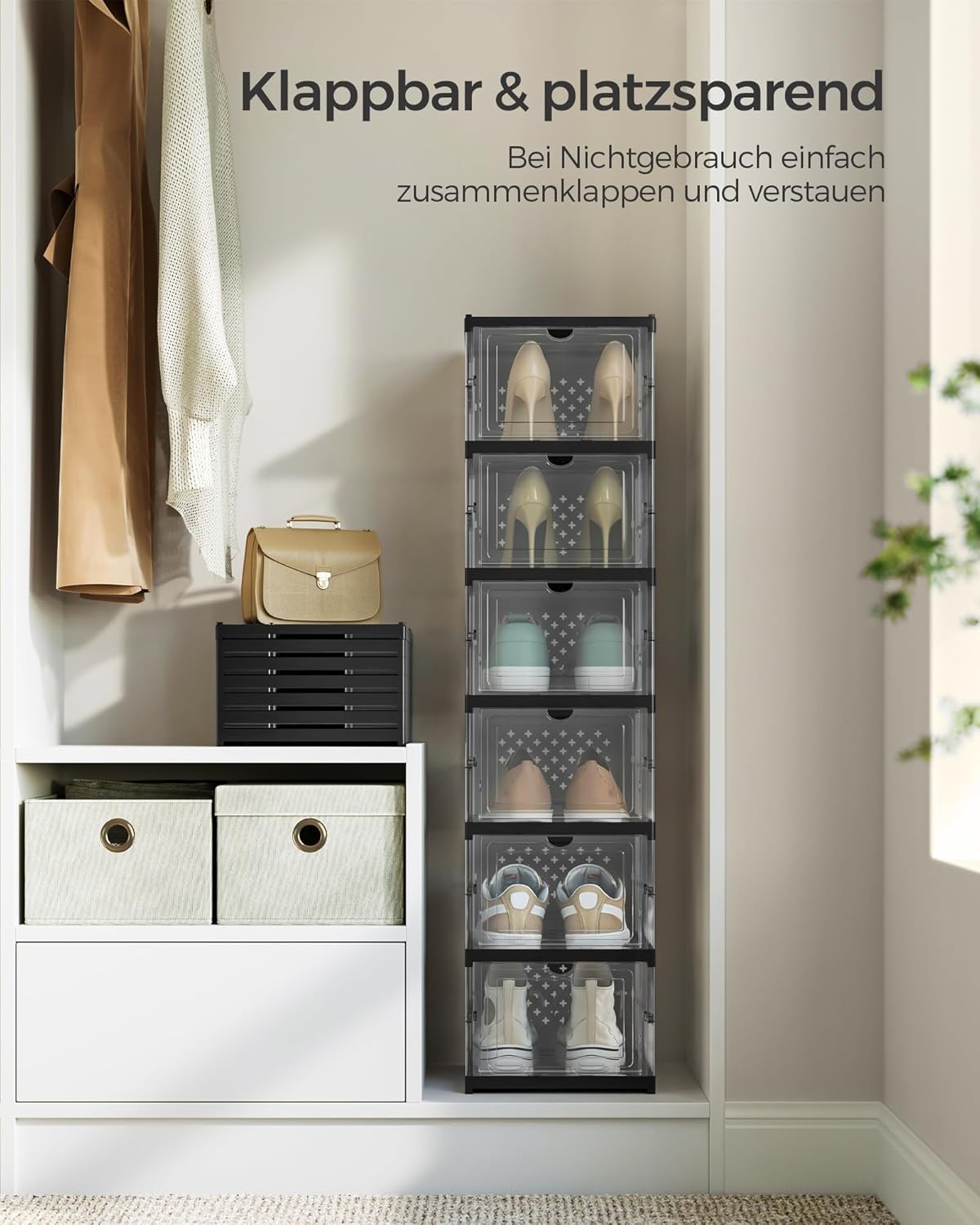 Faltbarer Schuhschrank mit Schuhboxen (Grösse bis 46), Transparent + Tintenschwarz 1