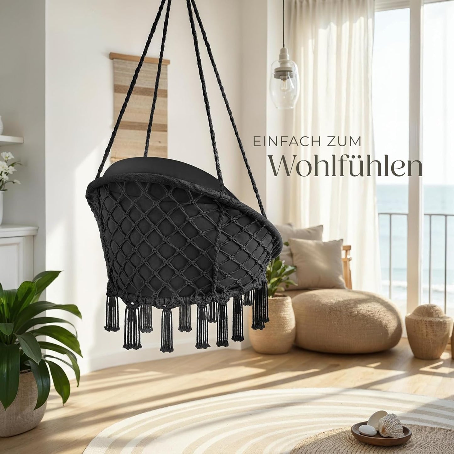 Boho Hängesessel mit dickem Kissen & Gestell, Schwarz