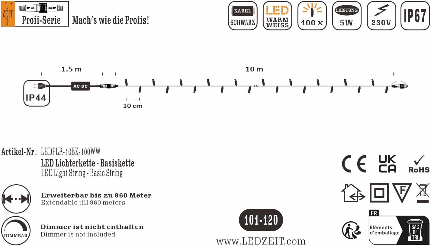 Profi LED Lichterkette, erweiterbar, 10m, 100 LEDs, Dauerlicht - Schwarzes Kabel, 10m Basiskette - Warmweiss