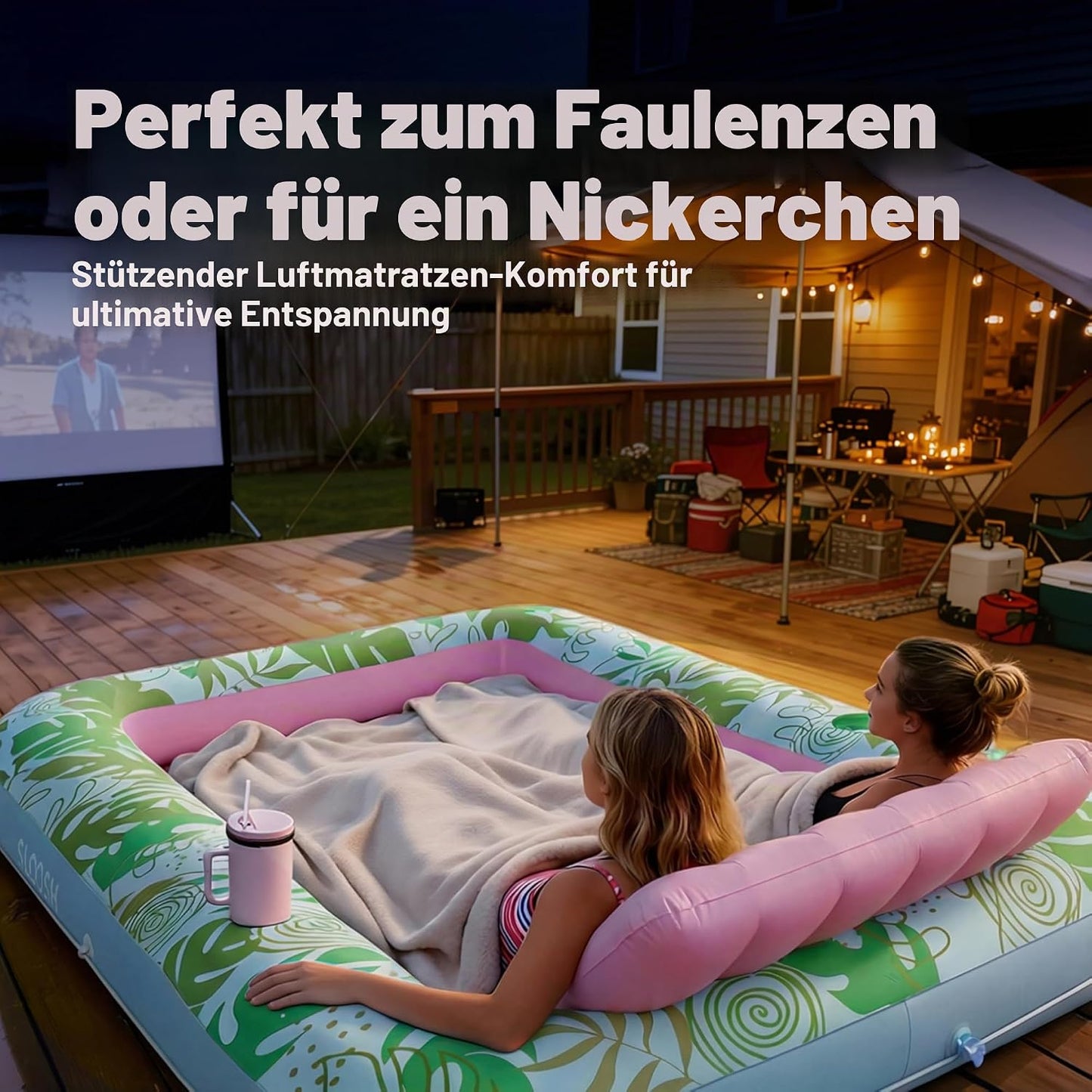 Aufblasbarer 4-in-1 Sonnenliegepool mit Kissen und Getränkehalter, Cyan Rosa XL