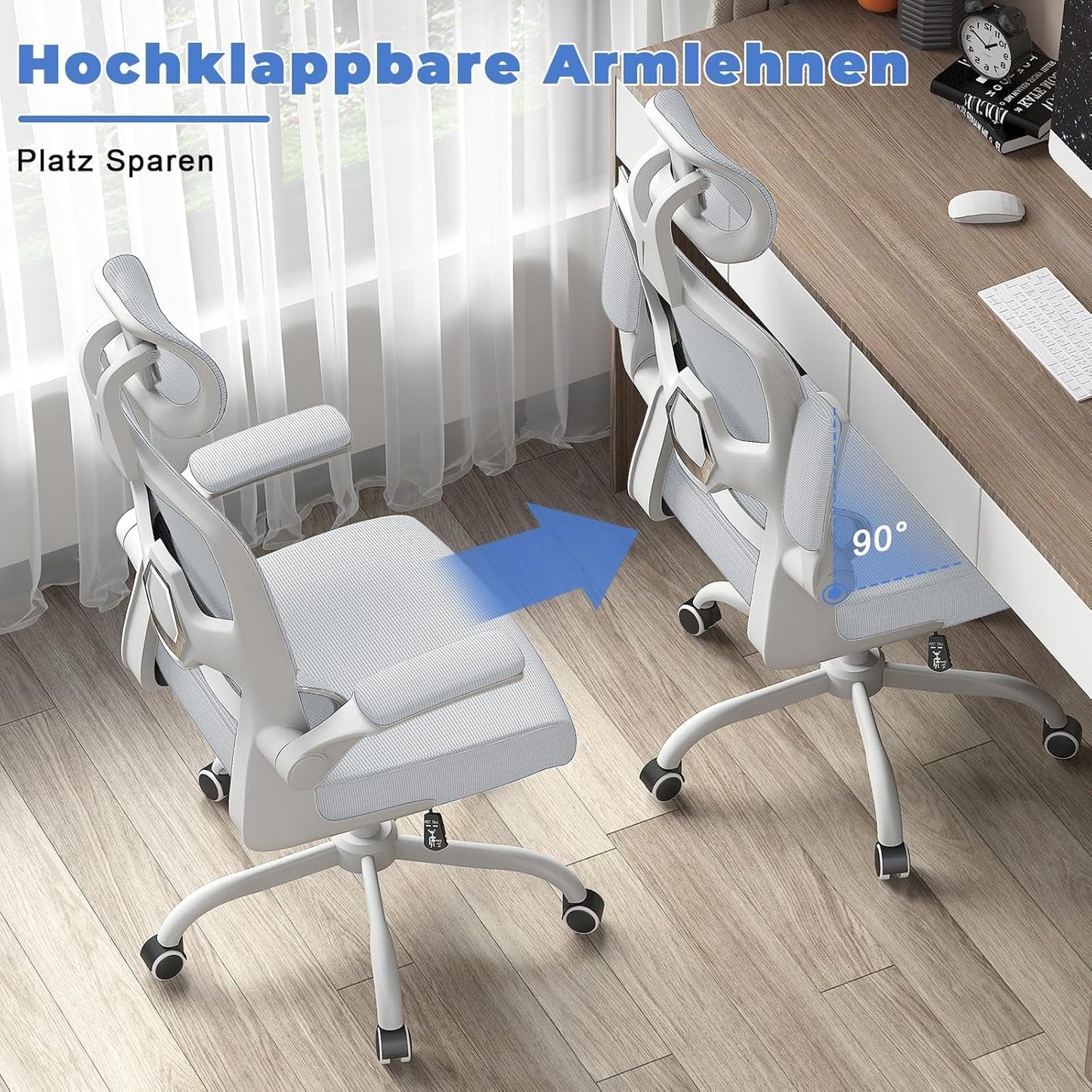 Ergonomischer Schreibtischstuhl mit Lordosenstütze, Grau 2 Mit Kopfstütze