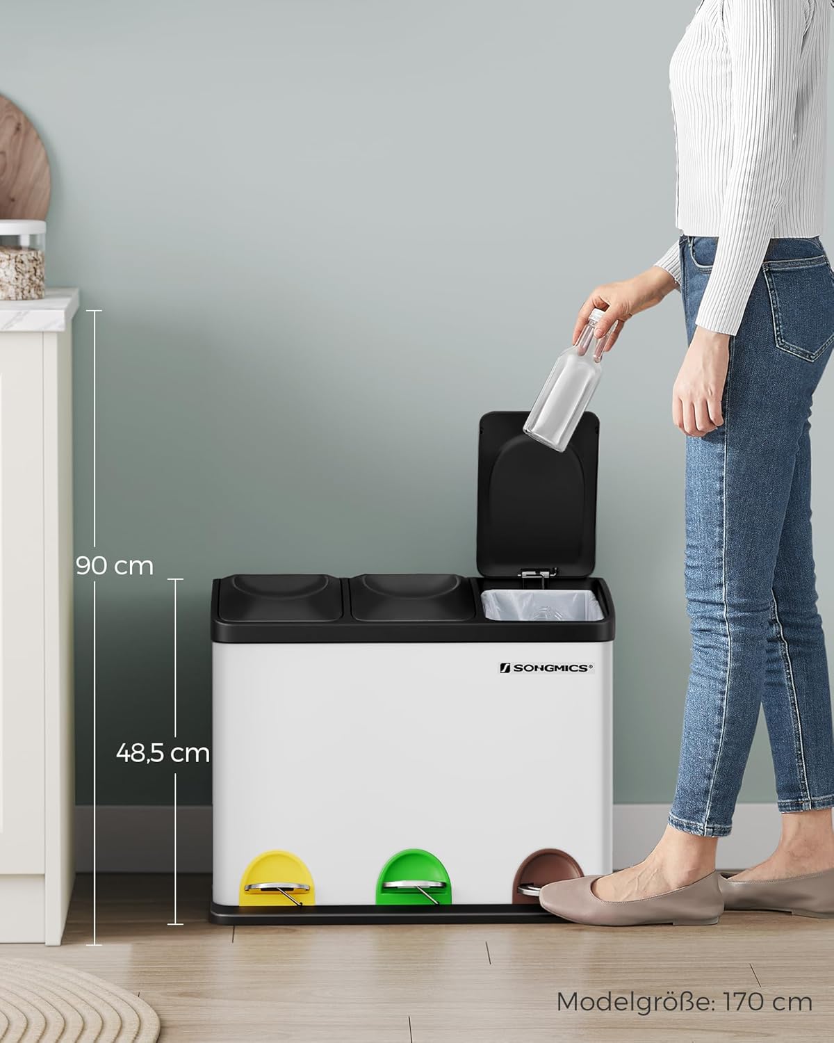 3 Fächer Mülltrennsystem Treteimer LTB45W, Wolkenweiss + Tintenschwarz