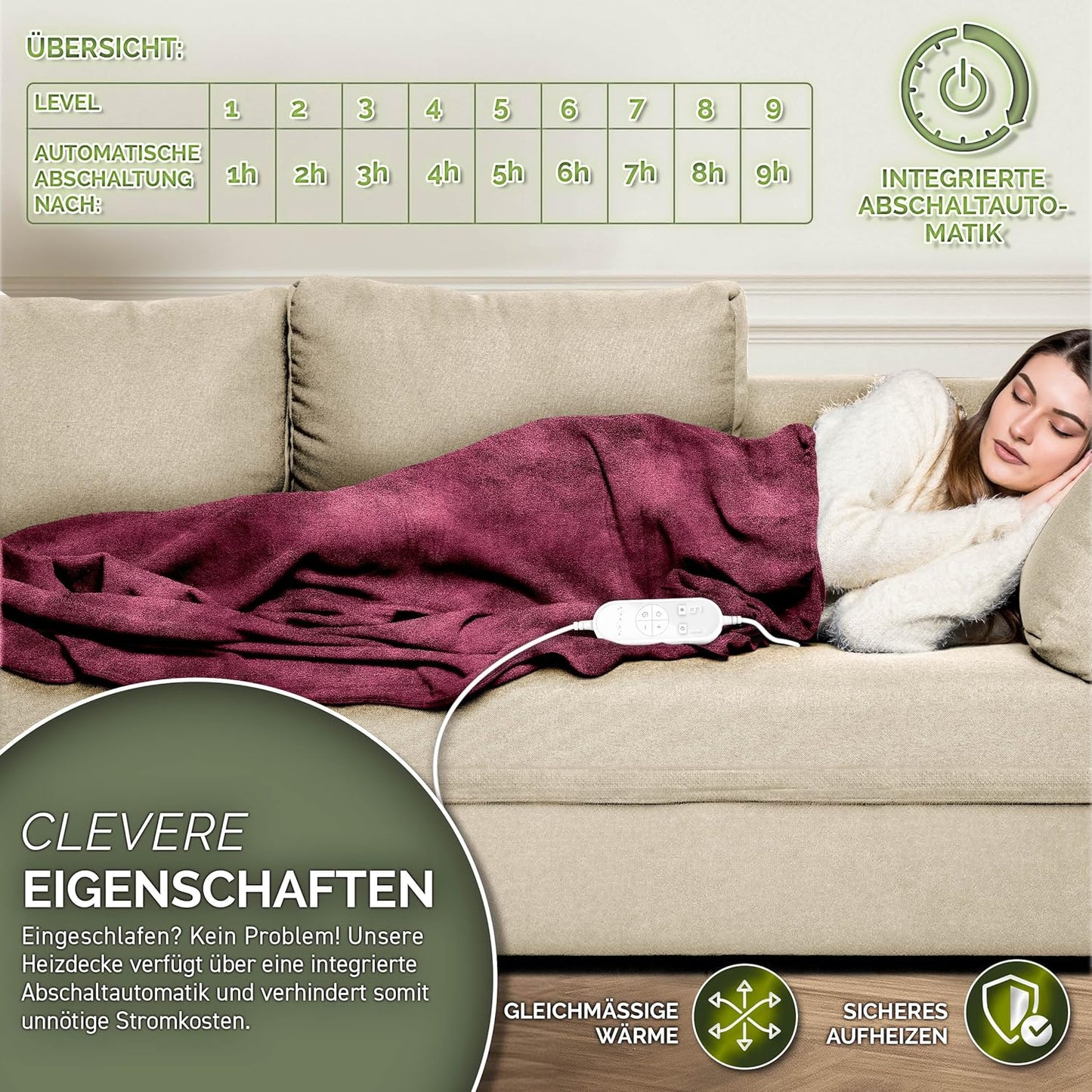 Elektrische Heizdecke mit Abschaltautomatik, 160x120 cm, 160 x 120 cm Weinrot