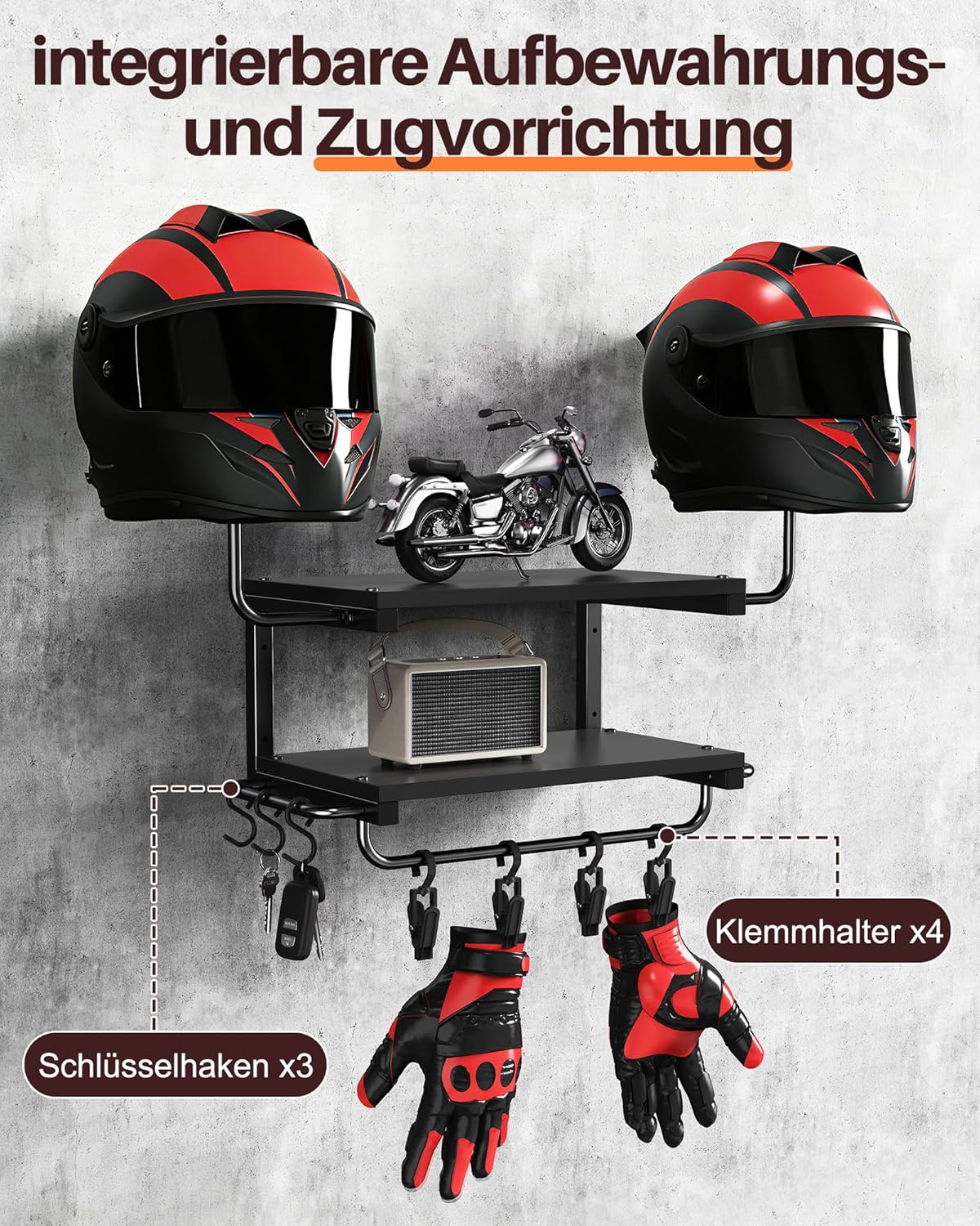 Helm-Wandhalterung mit 2 Ablagen und Haken-Set, Schwarz-klein