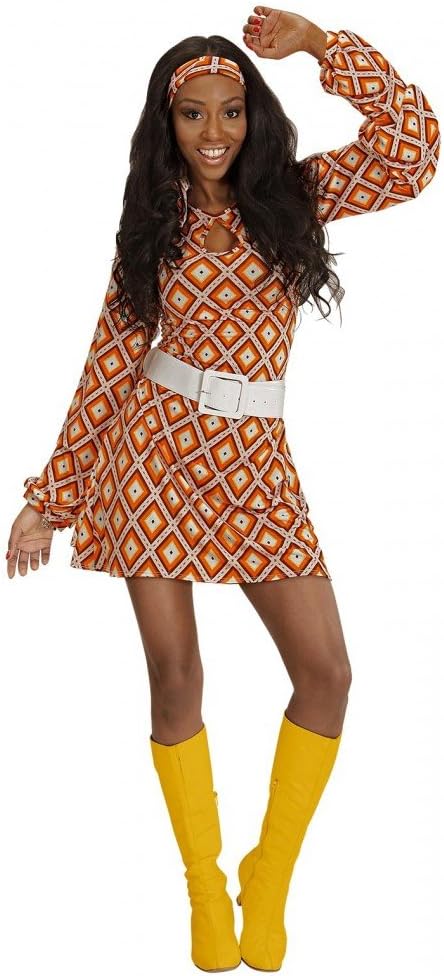 70er Jahre Retro-Kleid, L Orange/Gelb