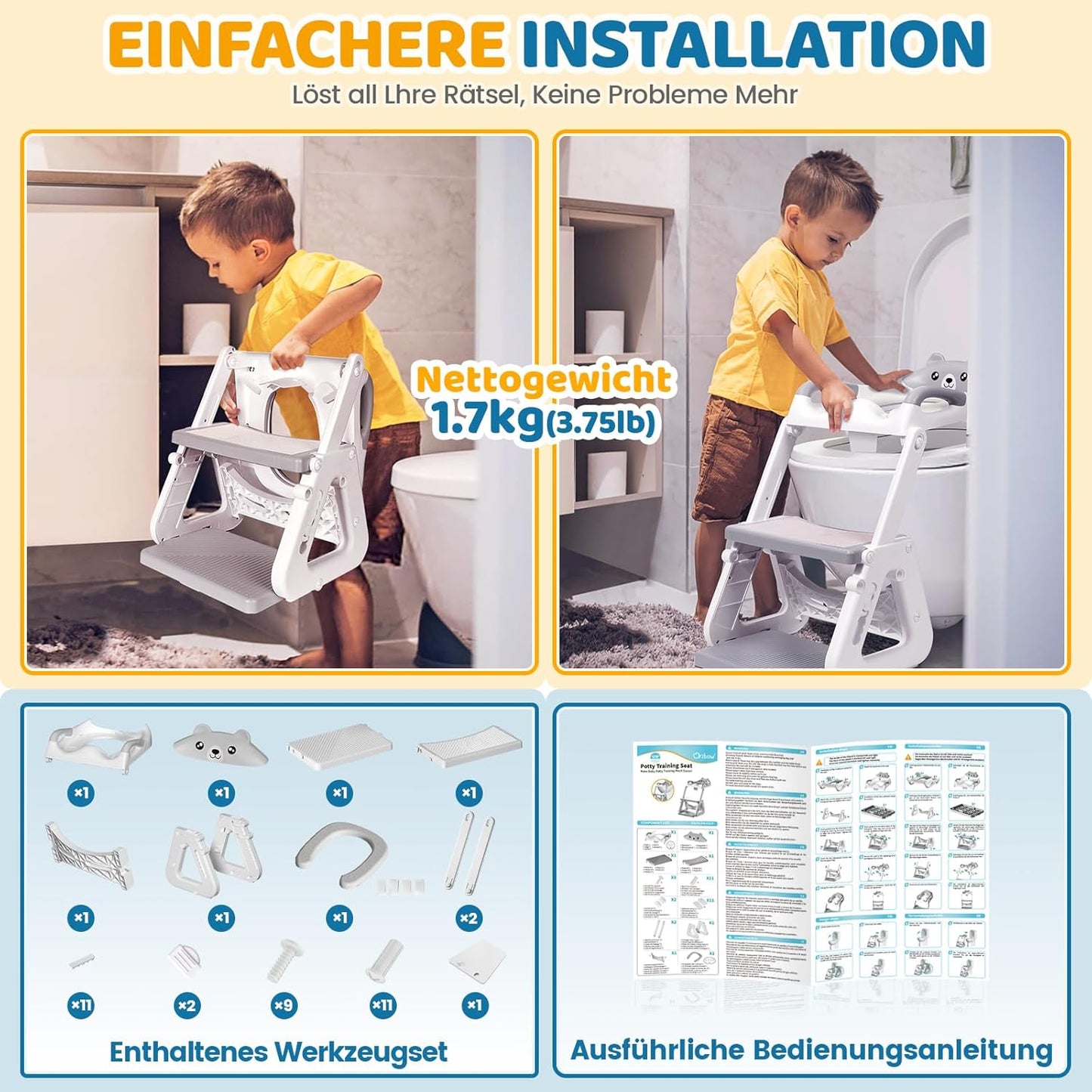 Toilettensitz Kinder mit Treppe und Spritzschutz, Grau