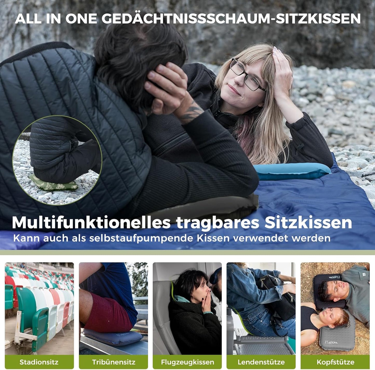 Aufblasbares Sitzkissen, Oliv 1er Pack 38 x 28 x 5 cm