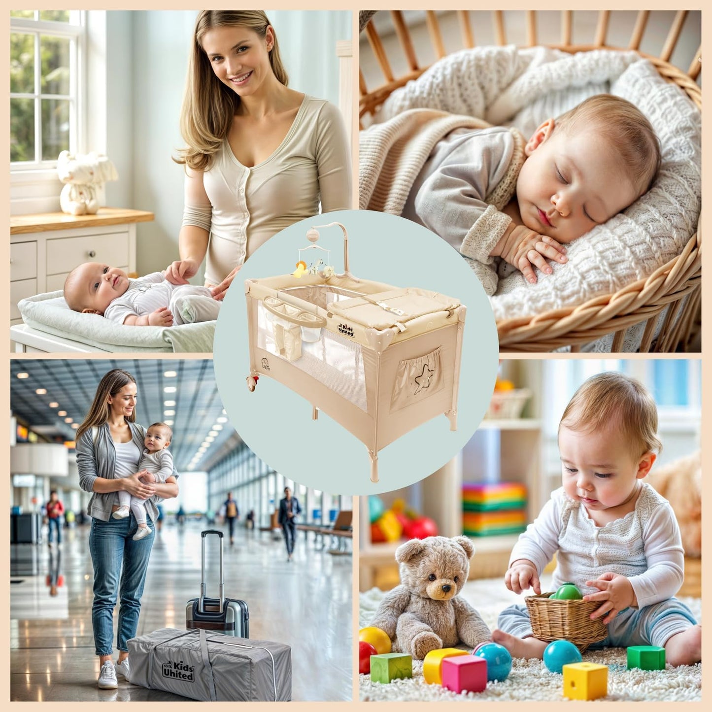 Baby-Reisebett mit Matratze und Zubehör, Beige