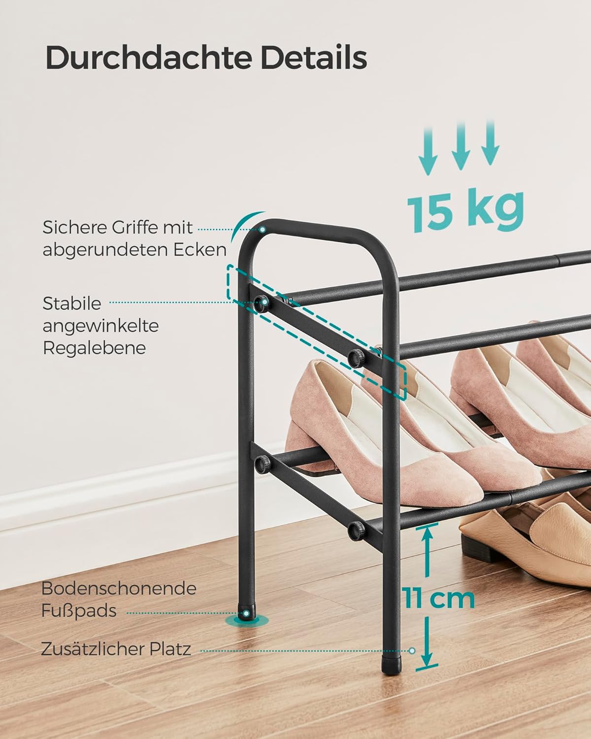 Schuhregal mit 2 Ebenen, 2 Tier (23 x 58 x 42 cm) Tintenschwarz
