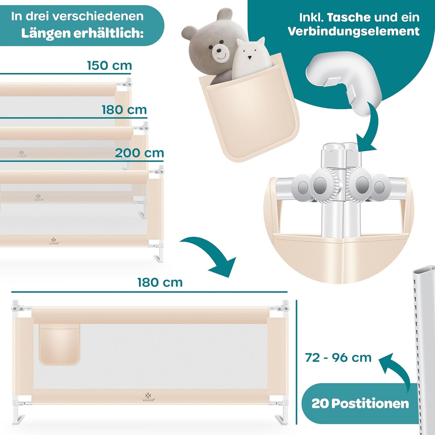 Klappbares Bettschutzgitter mit Tasche, 180cm Beige
