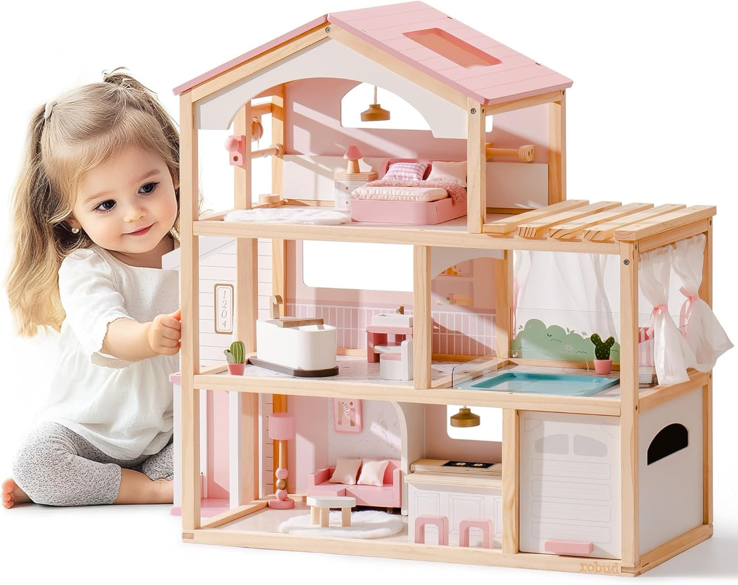 Holzpuppenhaus mit Aufzug, Garage und Schwimmbad, Rosa Villa