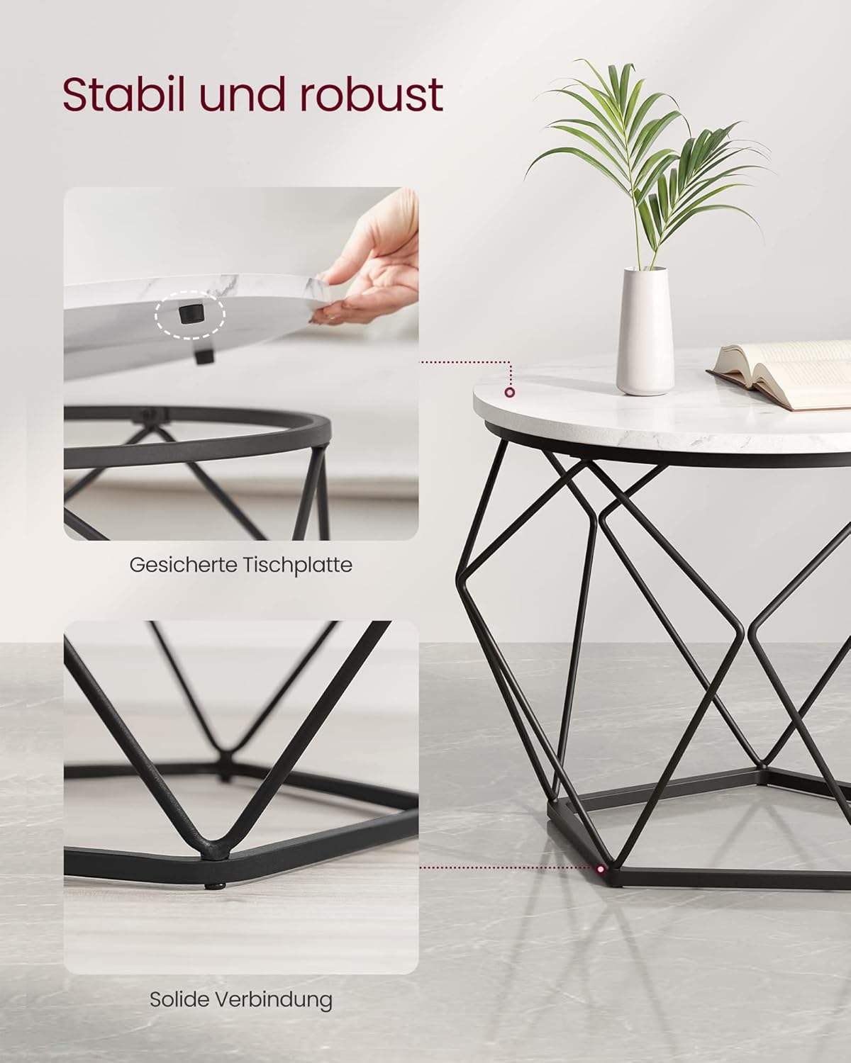 2er-Set Couchtische, Marmorweiss + Tintenschwarz
