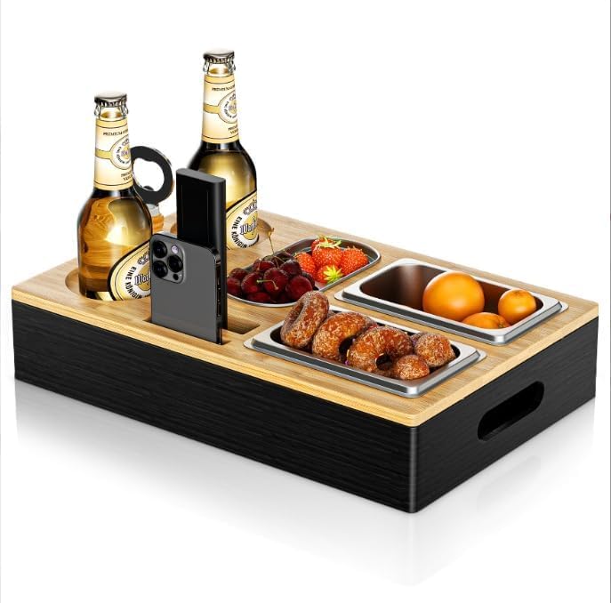 Sofa Tablett mit Edelstahl Snackschalen und Deckel